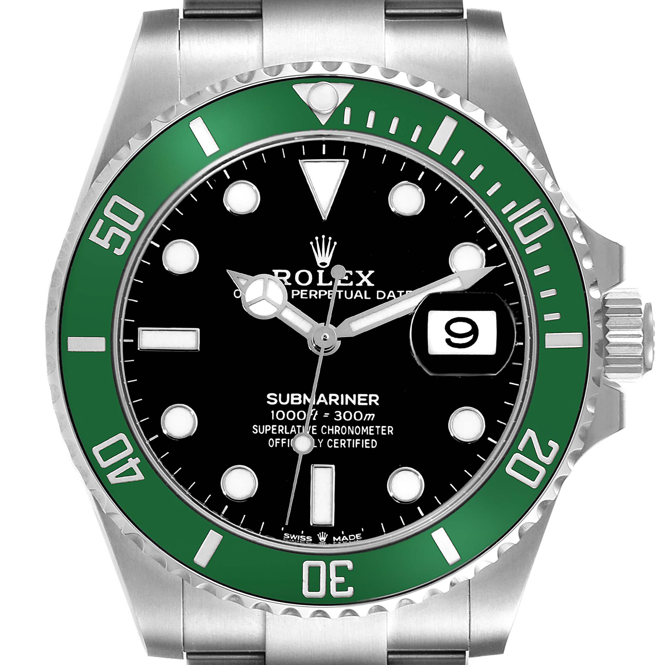 This image shows the front view of a Rolex Submariner 126610LV Men's Stainless Steel Black Dial 126610LV Men's Stainless Steel Black Dial watch, featuring its green bezel, black dial, and date window.