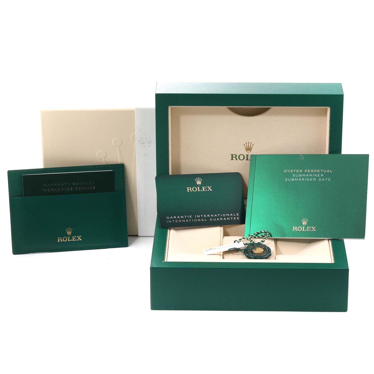 The image shows the packaging and accessories for a Rolex Submariner 126610LV Men's Stainless Steel Black Dial 126610LV Men's Stainless Steel Black Dial watch, including the box, warranty card, and booklets.