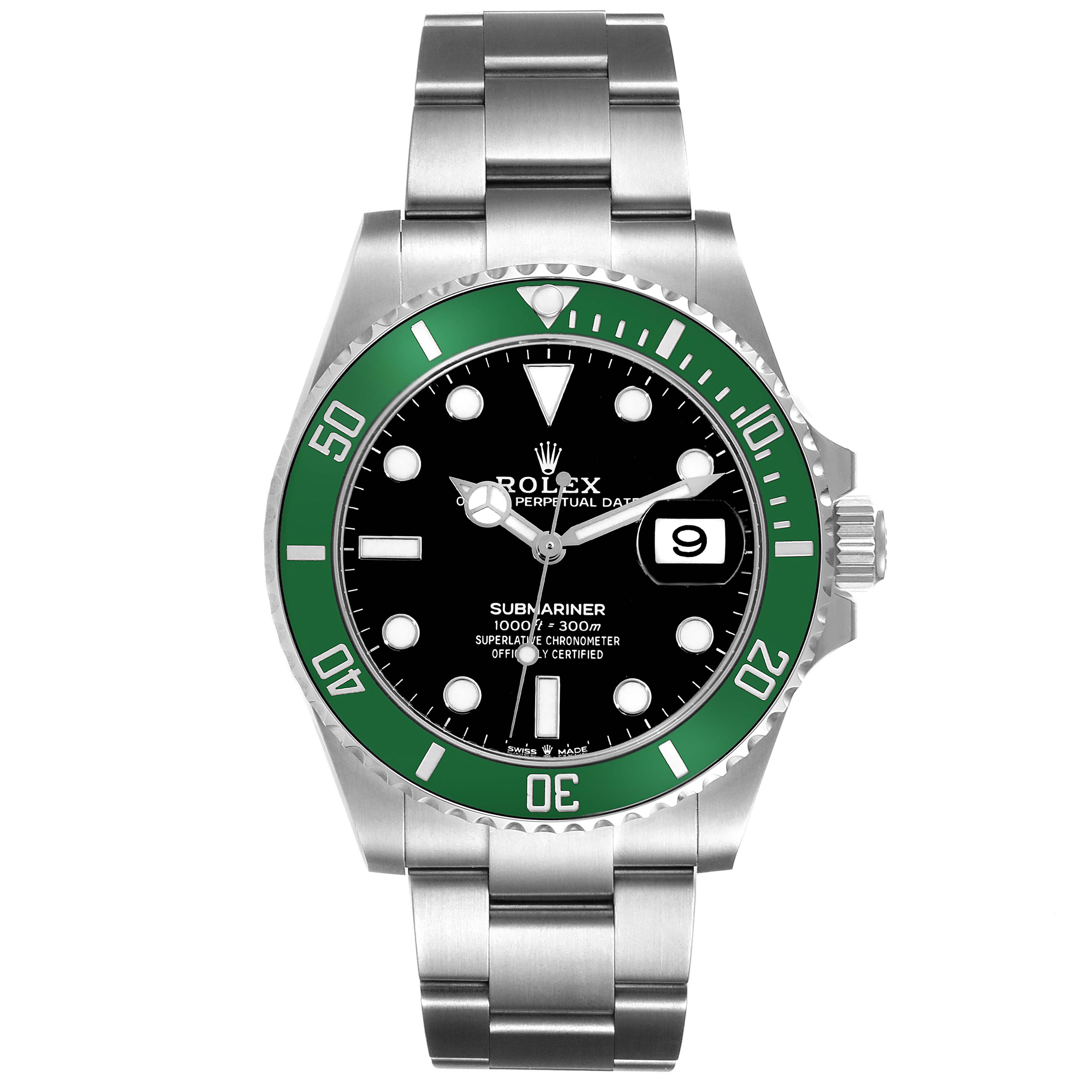 The image shows a front view of a Rolex Submariner 126610LV Men's Stainless Steel Black Dial 126610LV Men's Stainless Steel Black Dial watch featuring a green bezel, black dial, and stainless steel bracelet.