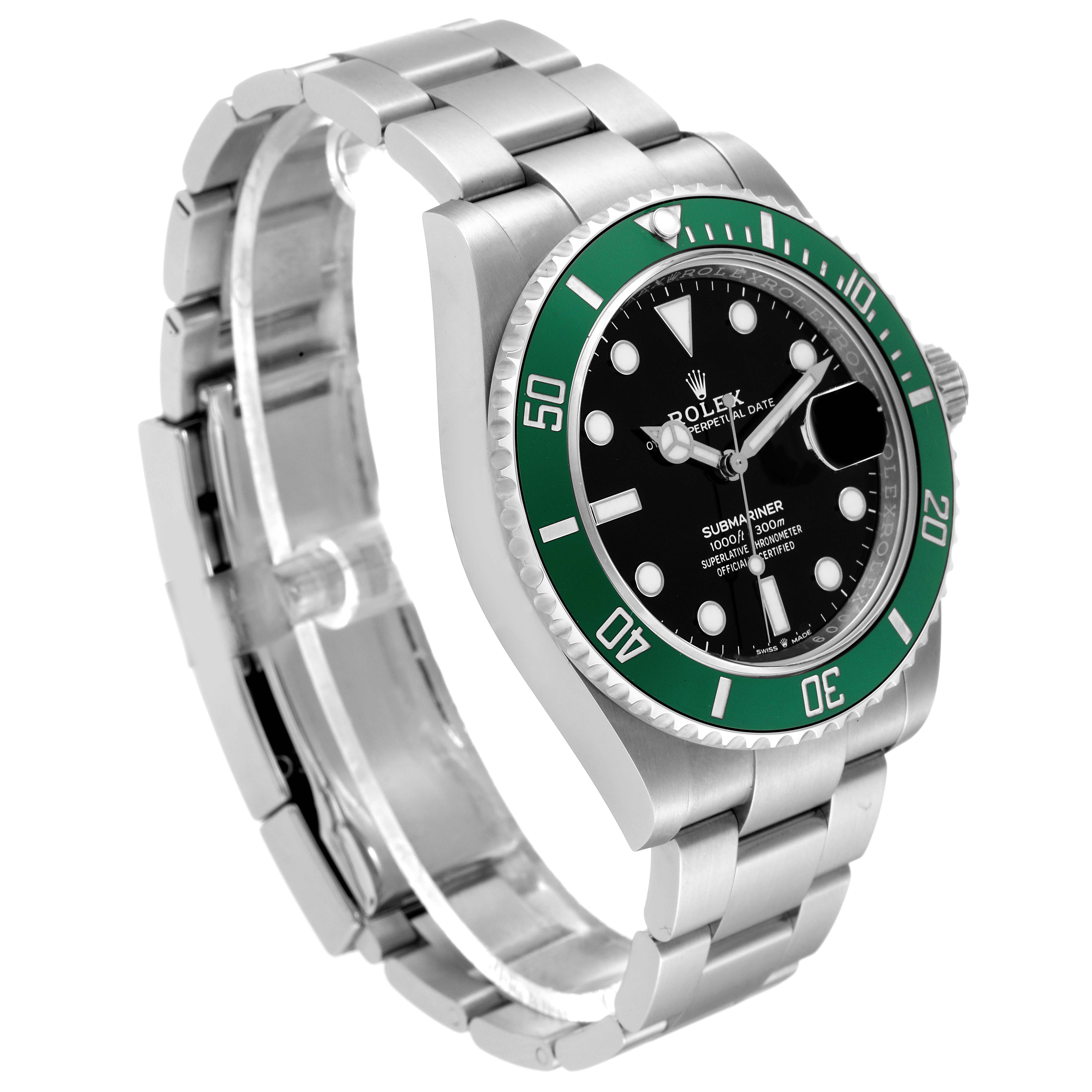 The Rolex Submariner 126610LV Men's Stainless Steel Black Dial 126610LV Men's Stainless Steel Black Dial watch is shown at an angled view highlighting its bezel, dial, bracelet, and crown.