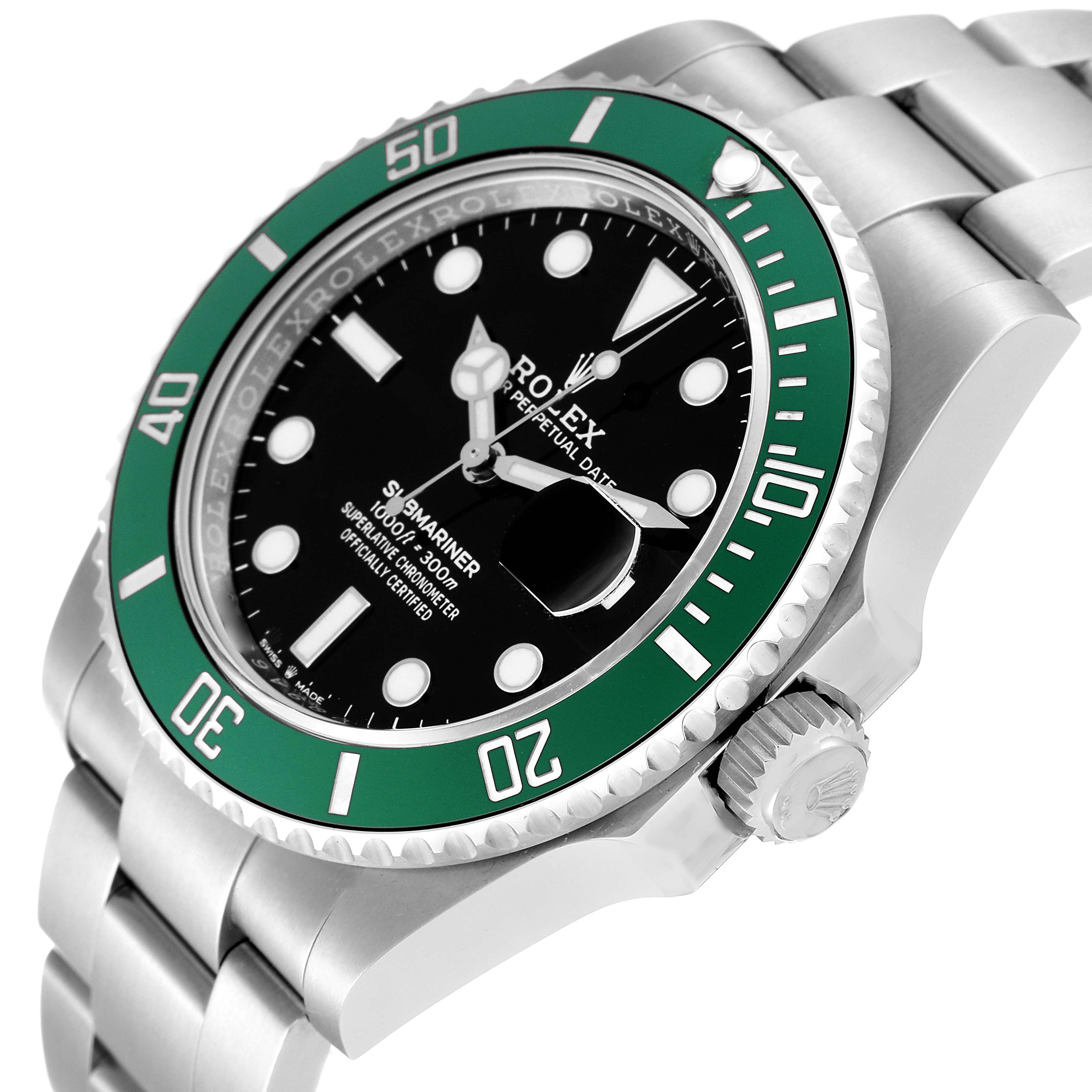 The image shows an angled view of the Rolex Submariner 126610LV Men's Stainless Steel Black Dial 126610LV Men's Stainless Steel Black Dial, highlighting its green bezel, black dial, and part of the silver bracelet.