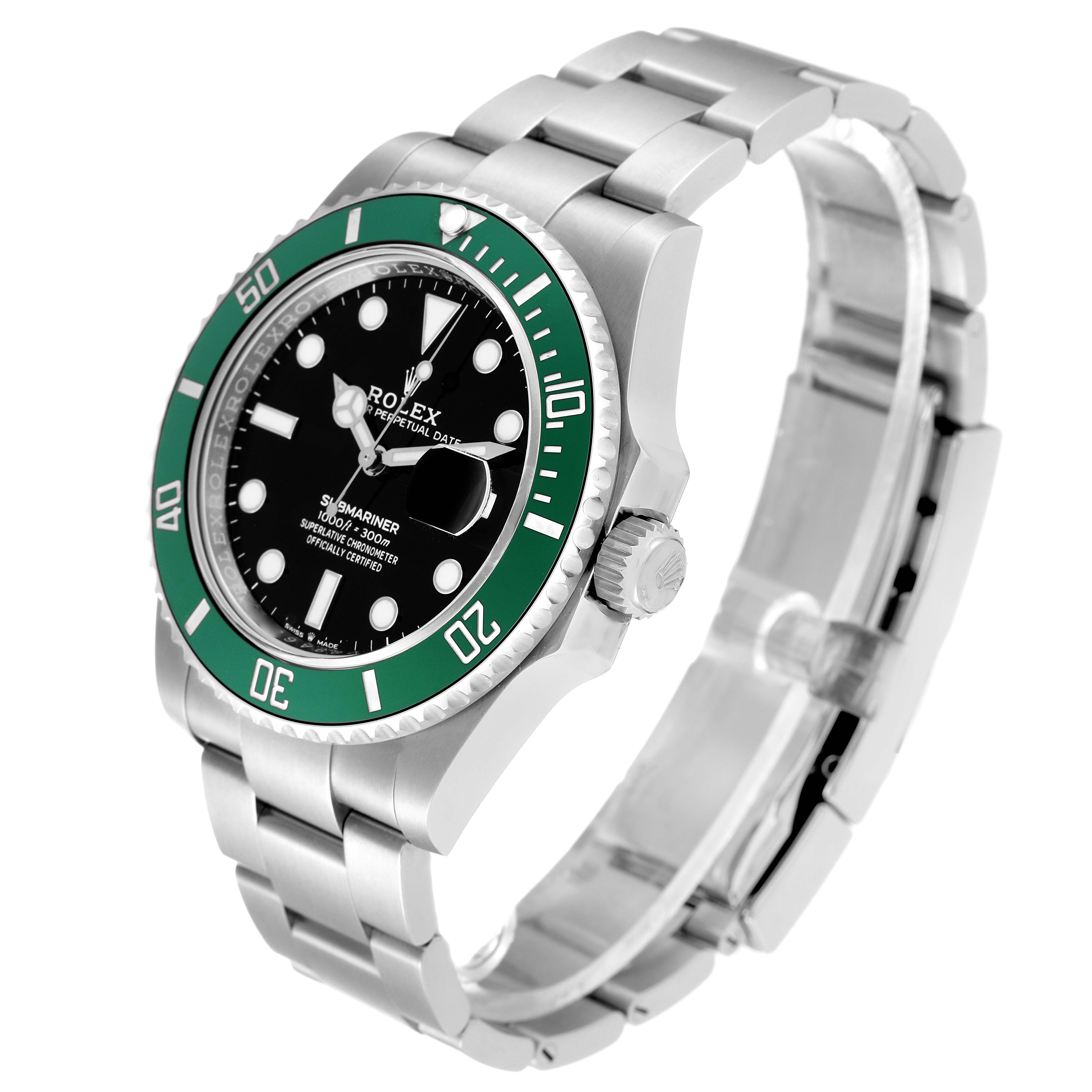 The Rolex Submariner 126610LV Men's Stainless Steel Black Dial 126610LV Men's Stainless Steel Black Dial watch is shown at a three-quarter angle, highlighting the dial, bezel, bracelet, and crown.