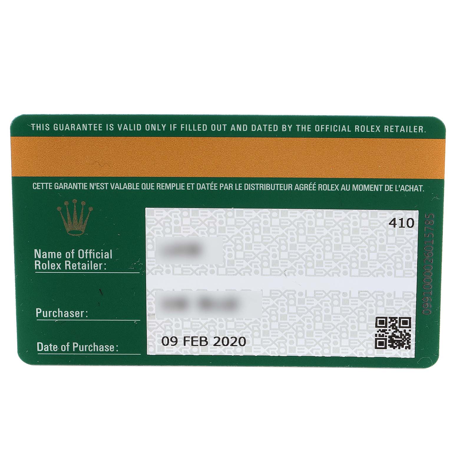 This is a warranty card for a Rolex Submariner 116613 Men's Steel and Gold (two tone) Blue Dial 116613 Men's Steel and Gold (two tone) Blue Dial, featuring the purchase date and official retailer details.