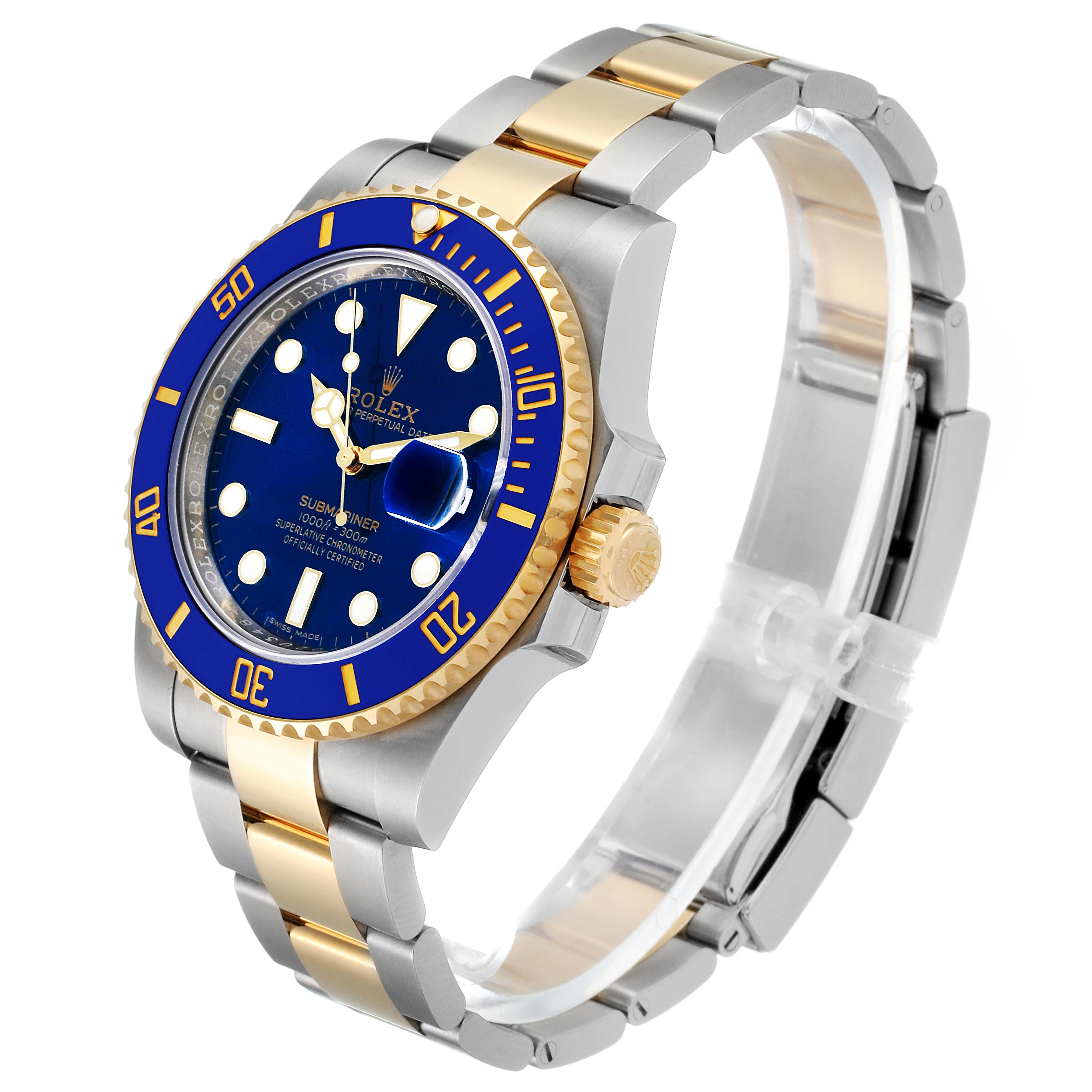 This image shows a three-quarter view of a Rolex Submariner 116613 Men's Steel and Gold (two tone) Blue Dial 116613 Men's Steel and Gold (two tone) Blue Dial watch, highlighting its blue dial, bezel, and two-tone bracelet.