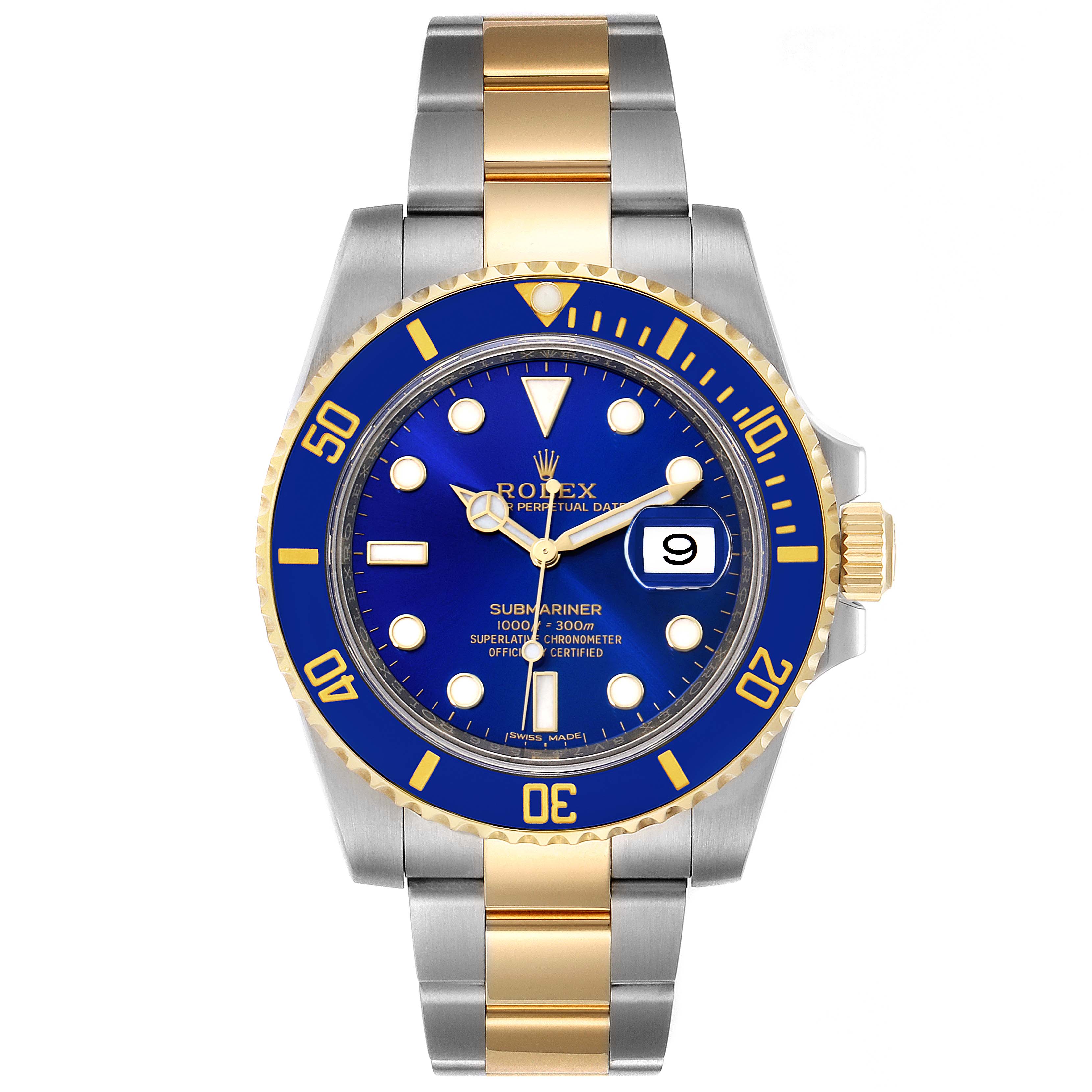 This image shows a frontal view of the Rolex Submariner 116613 Men's Steel and Gold (two tone) Blue Dial 116613 Men's Steel and Gold (two tone) Blue Dial, showcasing its blue dial, gold accents, and stainless steel bracelet.
