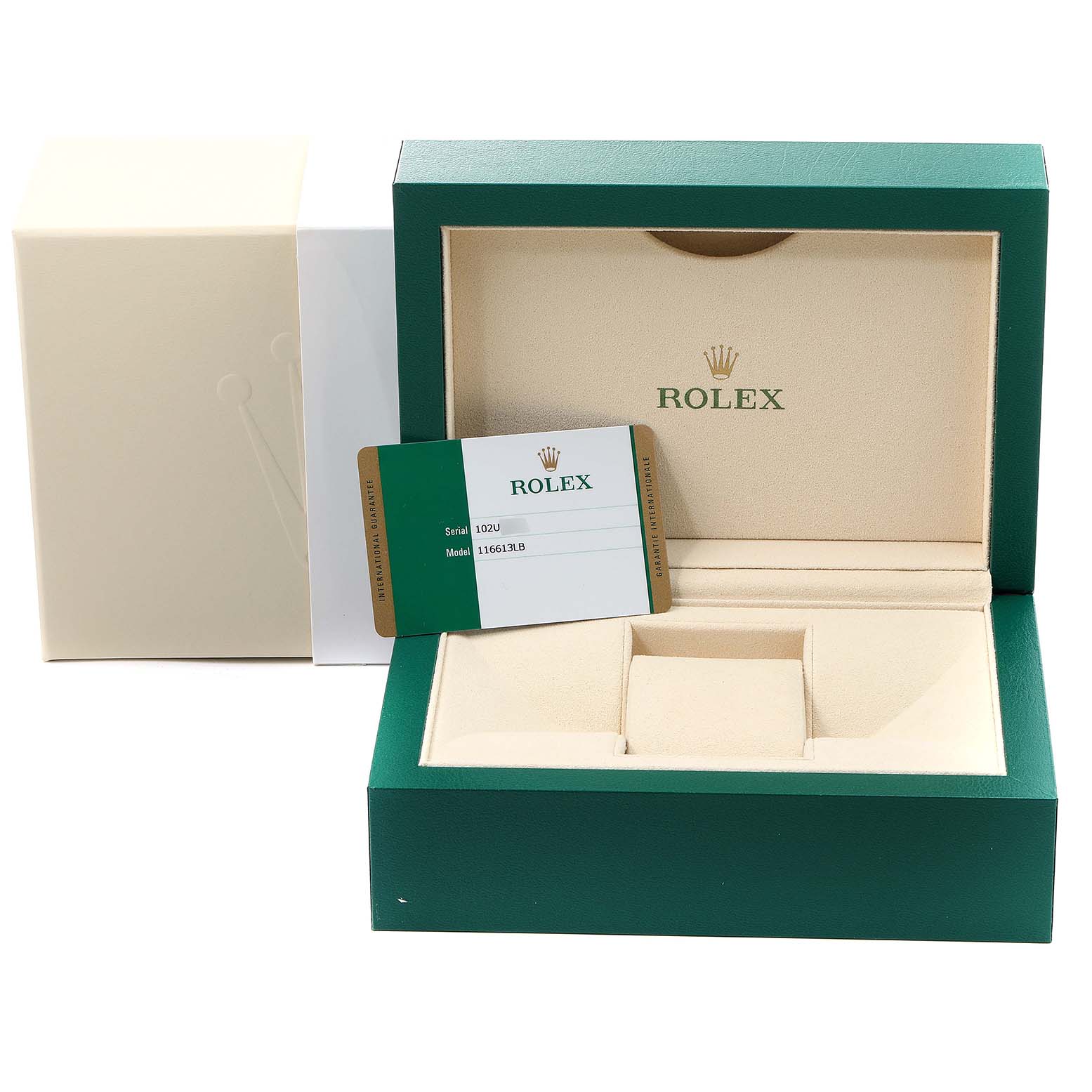The image shows the packaging box, inner watch box, and identification card for a Rolex Submariner 116613 Men's Steel and Gold (two tone) Blue Dial 116613 Men's Steel and Gold (two tone) Blue Dial.