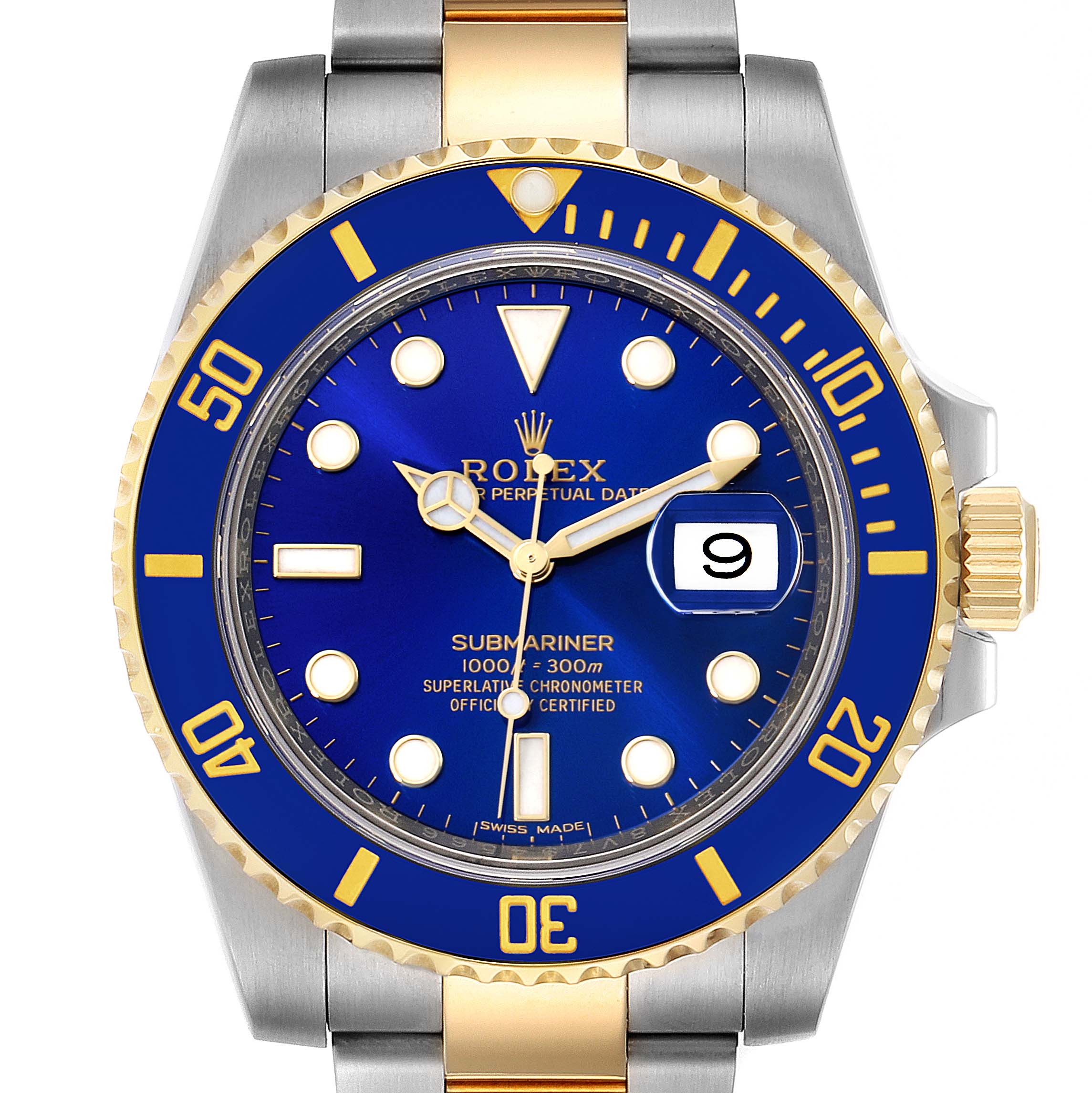 The image shows a front view of a Rolex Submariner 116613 Men's Steel and Gold (two tone) Blue Dial 116613 Men's Steel and Gold (two tone) Blue Dial watch, highlighting its blue dial, date display, and two-tone bezel and bracelet.