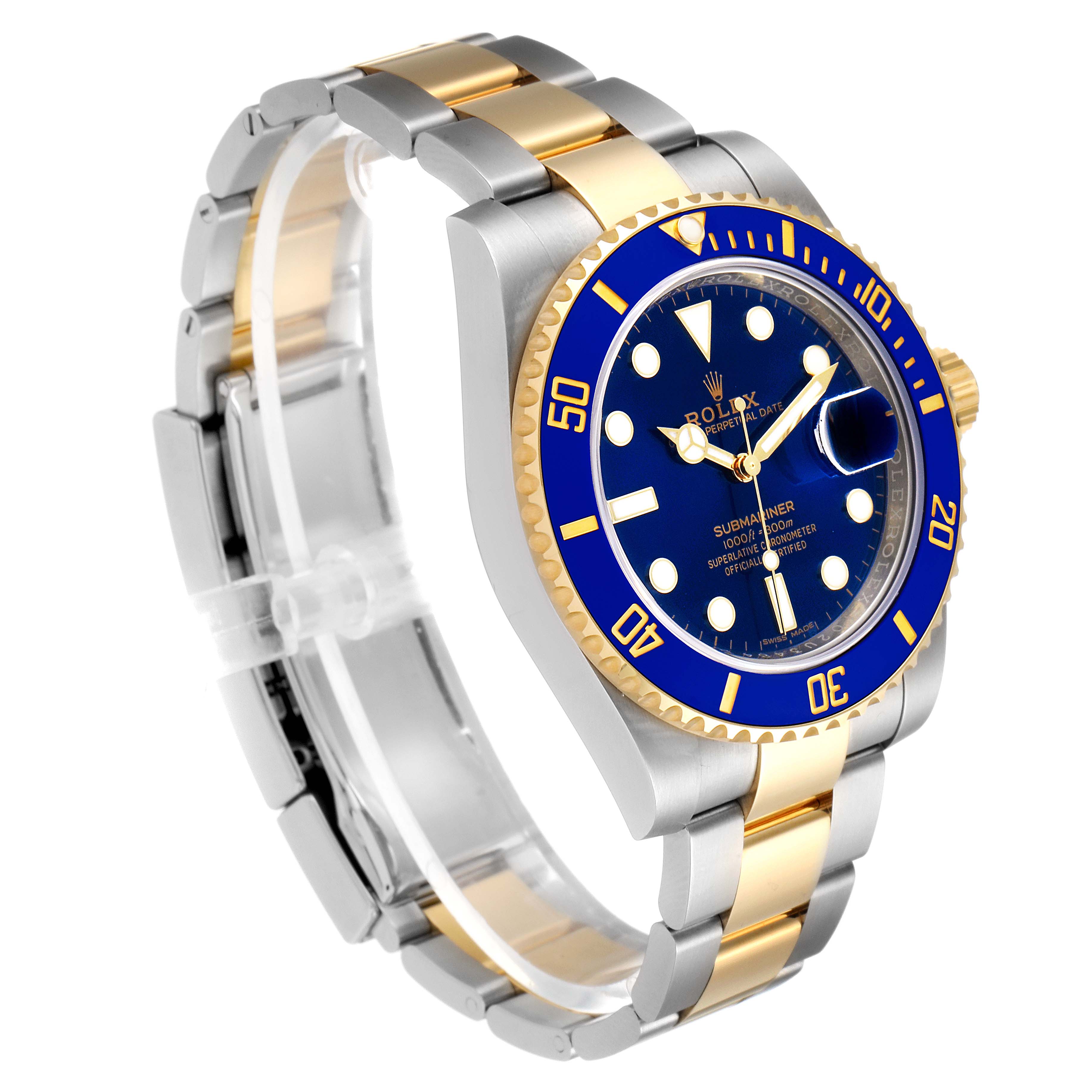 The image shows a Rolex Submariner 116613 Men's Steel and Gold (two tone) Blue Dial 116613 Men's Steel and Gold (two tone) Blue Dial watch at a slight angle, highlighting its blue dial, gold and steel bracelet, and bezel.