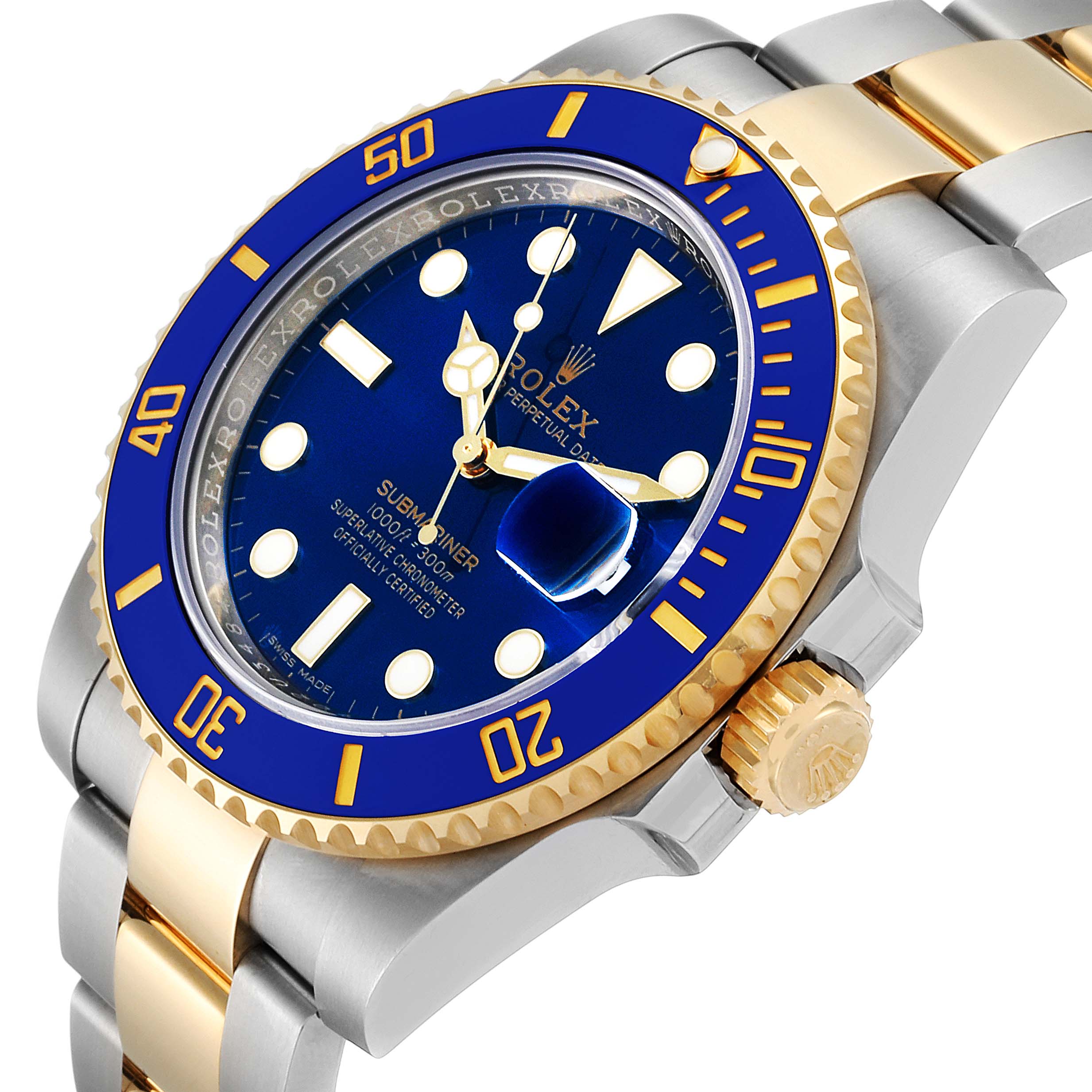 The image shows a close-up angled view of a Rolex Submariner 116613 Men's Steel and Gold (two tone) Blue Dial 116613 Men's Steel and Gold (two tone) Blue Dial watch, highlighting the blue dial, bezel, and two-tone bracelet.
