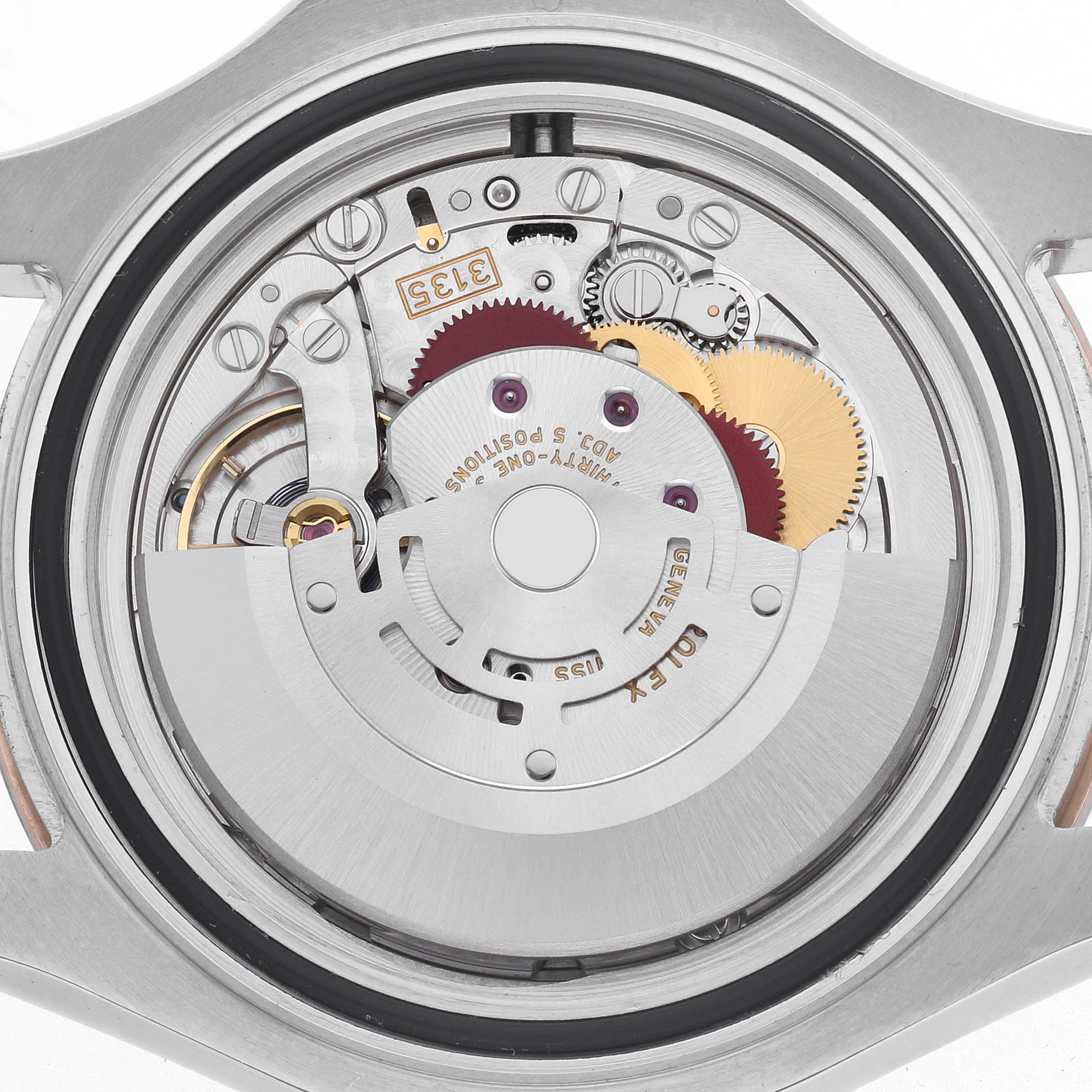 The image shows the Rolex Yacht-Master 116621 Men's Steel and Gold (two tone) Brown Dial's movement with gears and rotor from a back view.