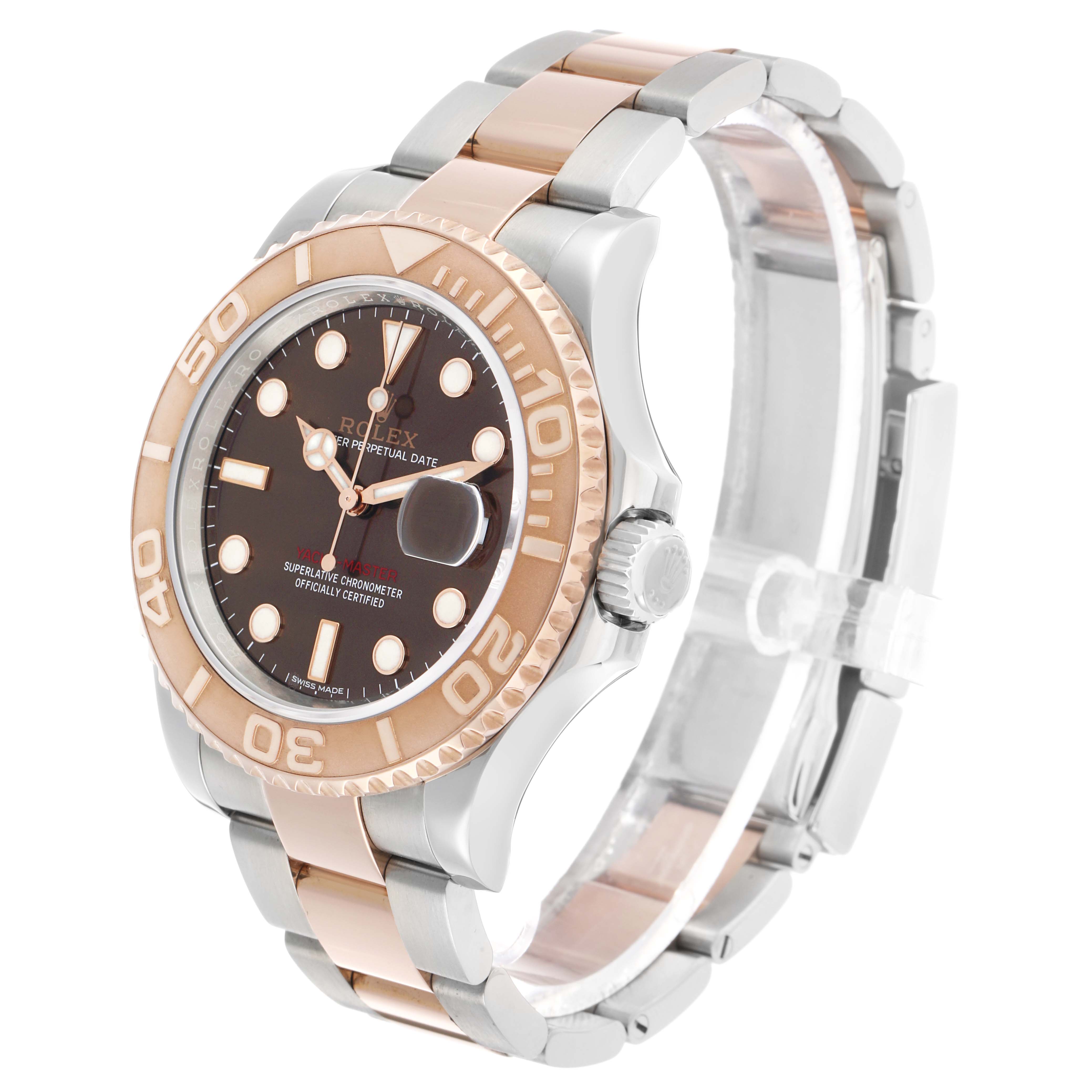 The Rolex Yacht-Master 116621 Men's Steel and Gold (two tone) Brown Dial watch is shown from a three-quarter angle, highlighting the bezel, dial, and bracelet.