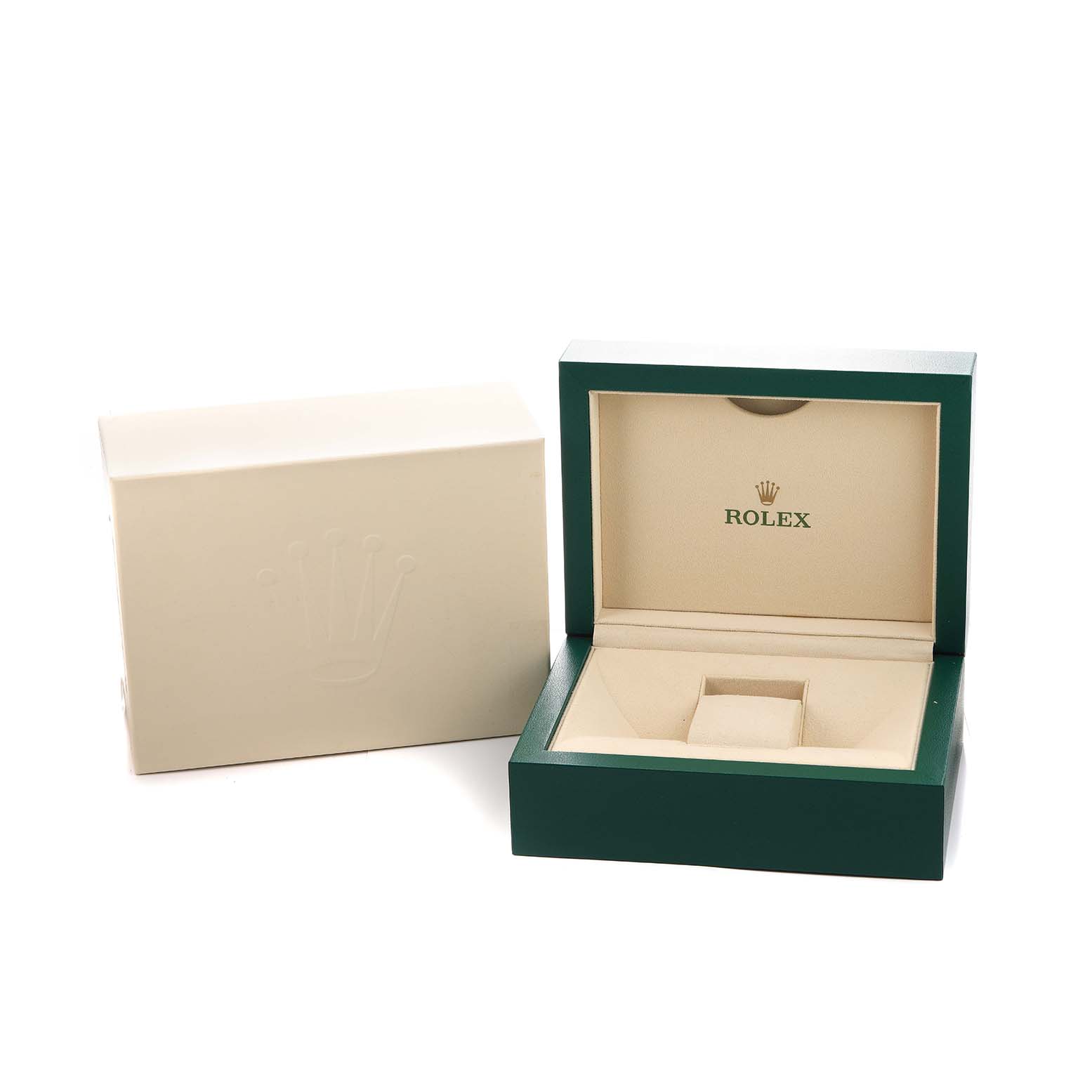 The image shows an open Rolex watch box for the Yacht-Master model, highlighting the box's interior and exterior packaging.