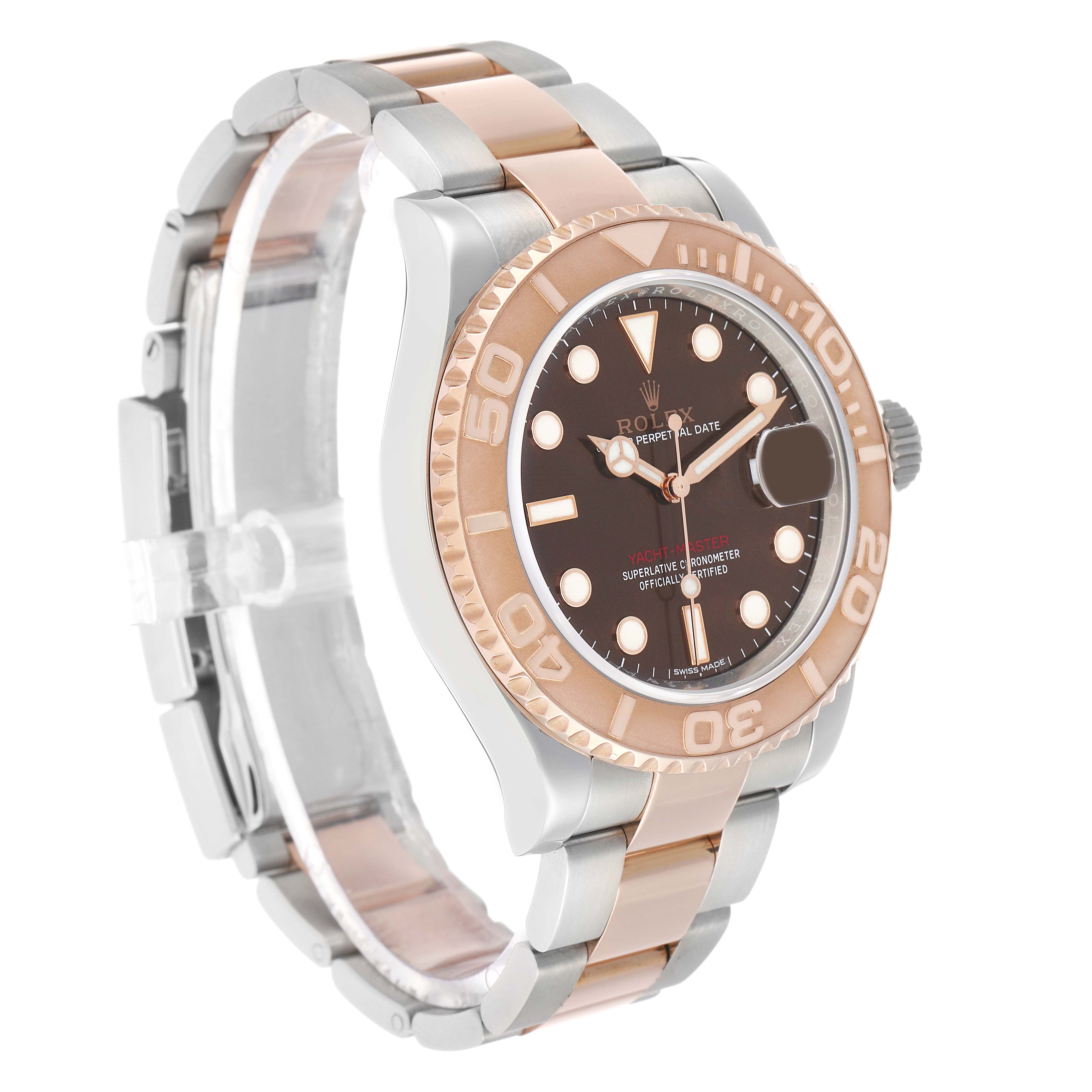 The Rolex Yacht-Master 116621 Men's Steel and Gold (two tone) Brown Dial watch is shown at a three-quarter angle, highlighting the bezel, dial, and two-tone bracelet.