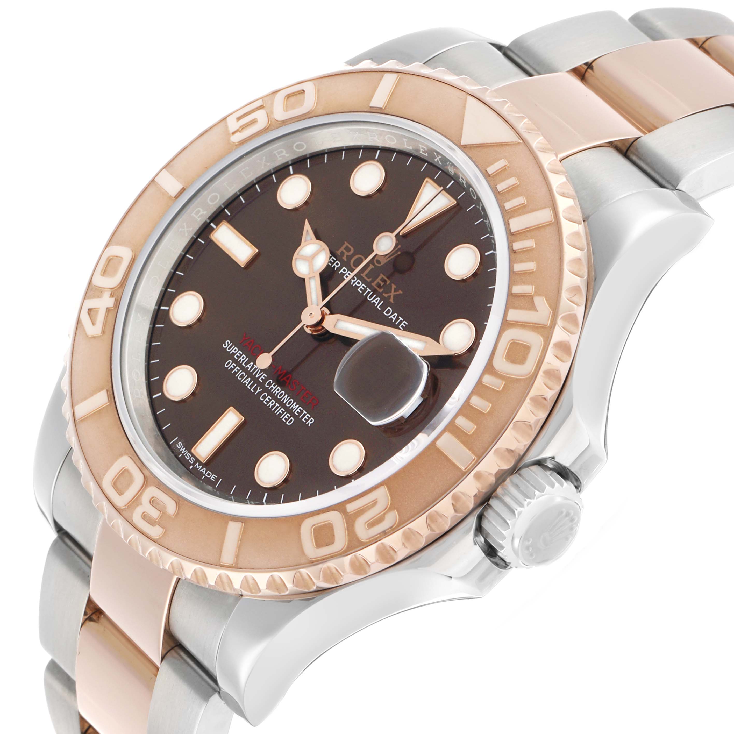 The Rolex Yacht-Master 116621 Men's Steel and Gold (two tone) Brown Dial is shown at a three-quarter angle, highlighting the bezel, dial, crown, and bracelet.