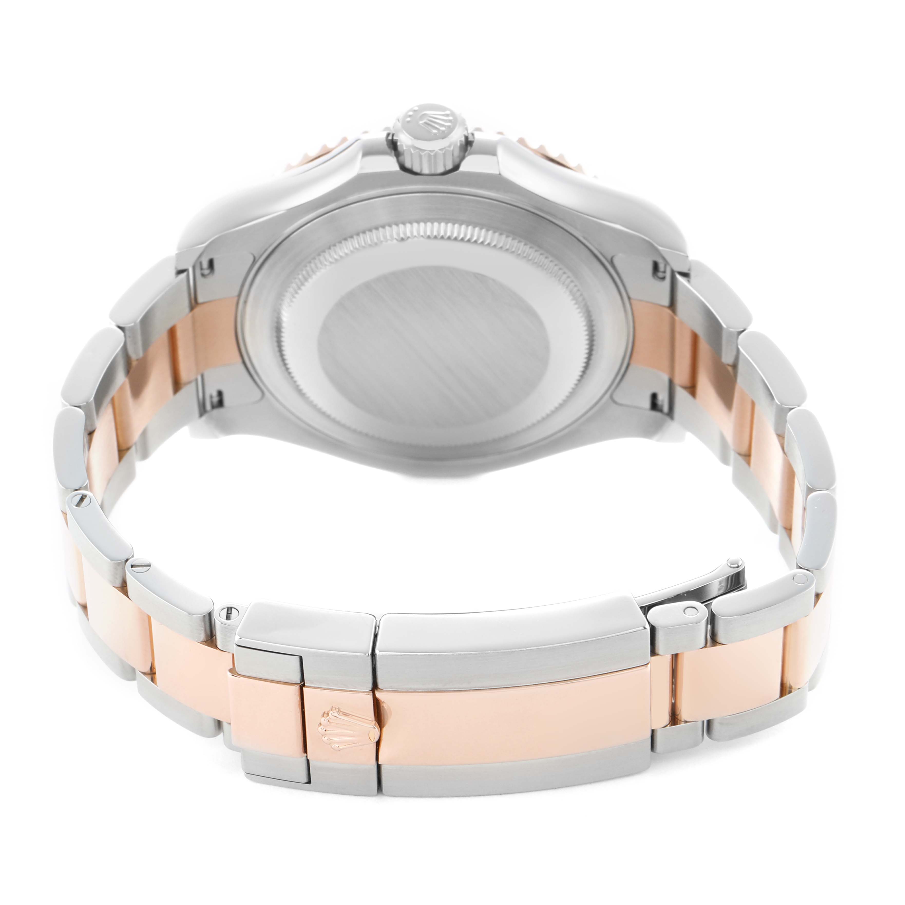 The image shows the back and bracelet of a Rolex Yacht-Master 116621 Men's Steel and Gold (two tone) Brown Dial watch from a rear angle.