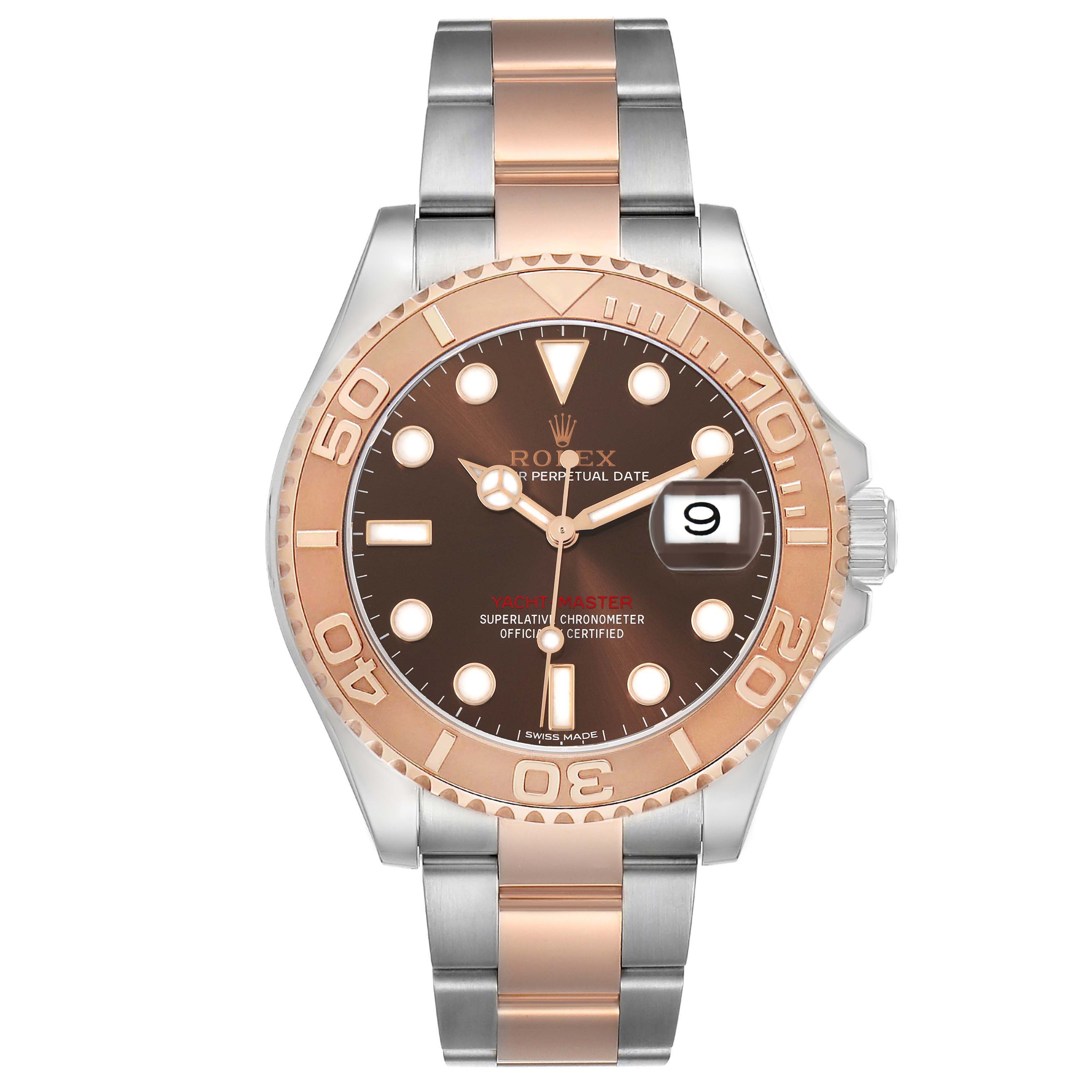 The Rolex Yacht-Master 116621 Men's Steel and Gold (two tone) Brown Dial watch is shown from a front angle, highlighting its bezel, dial, and bracelet in rose gold and silver tones.