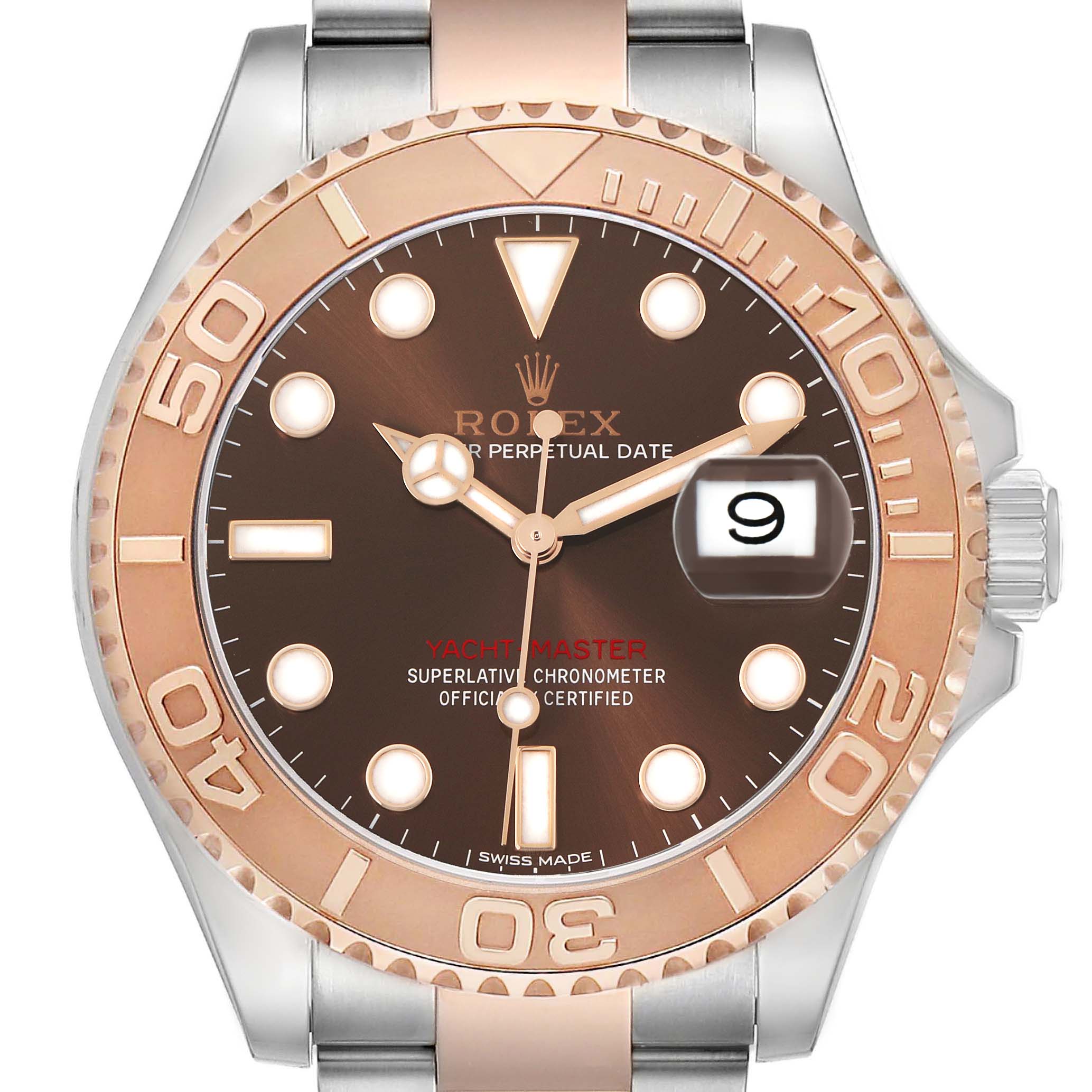 The Rolex Yacht-Master 116621 Men's Steel and Gold (two tone) Brown Dial watch is shown from the front, displaying the bezel, dial, hands, and date window.