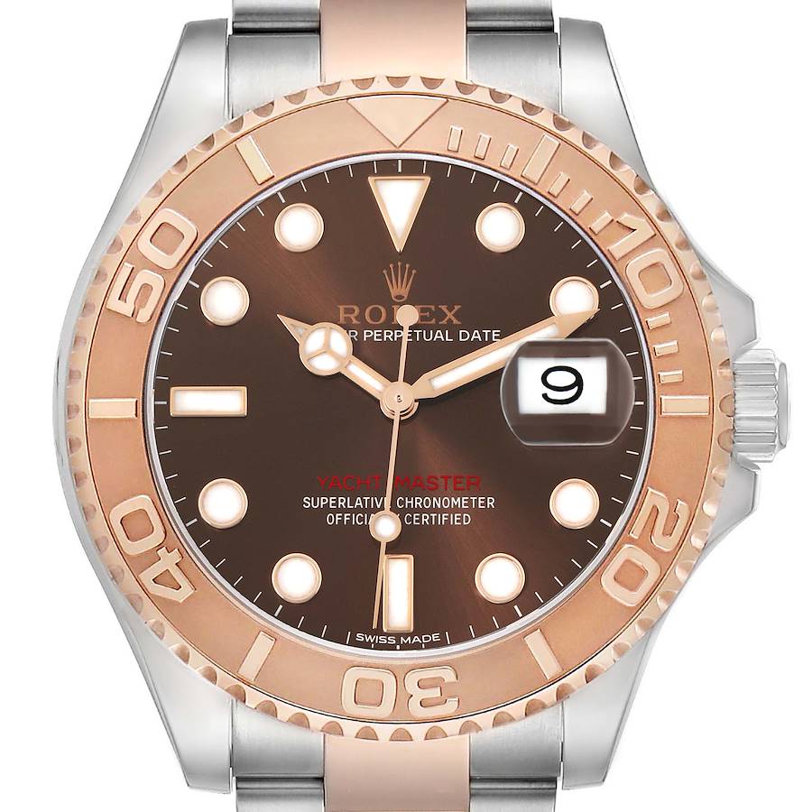 The Rolex Yacht-Master 116621 Men's Steel and Gold (two tone) Brown Dial watch is shown from the front, displaying the bezel, dial, hands, and date window.