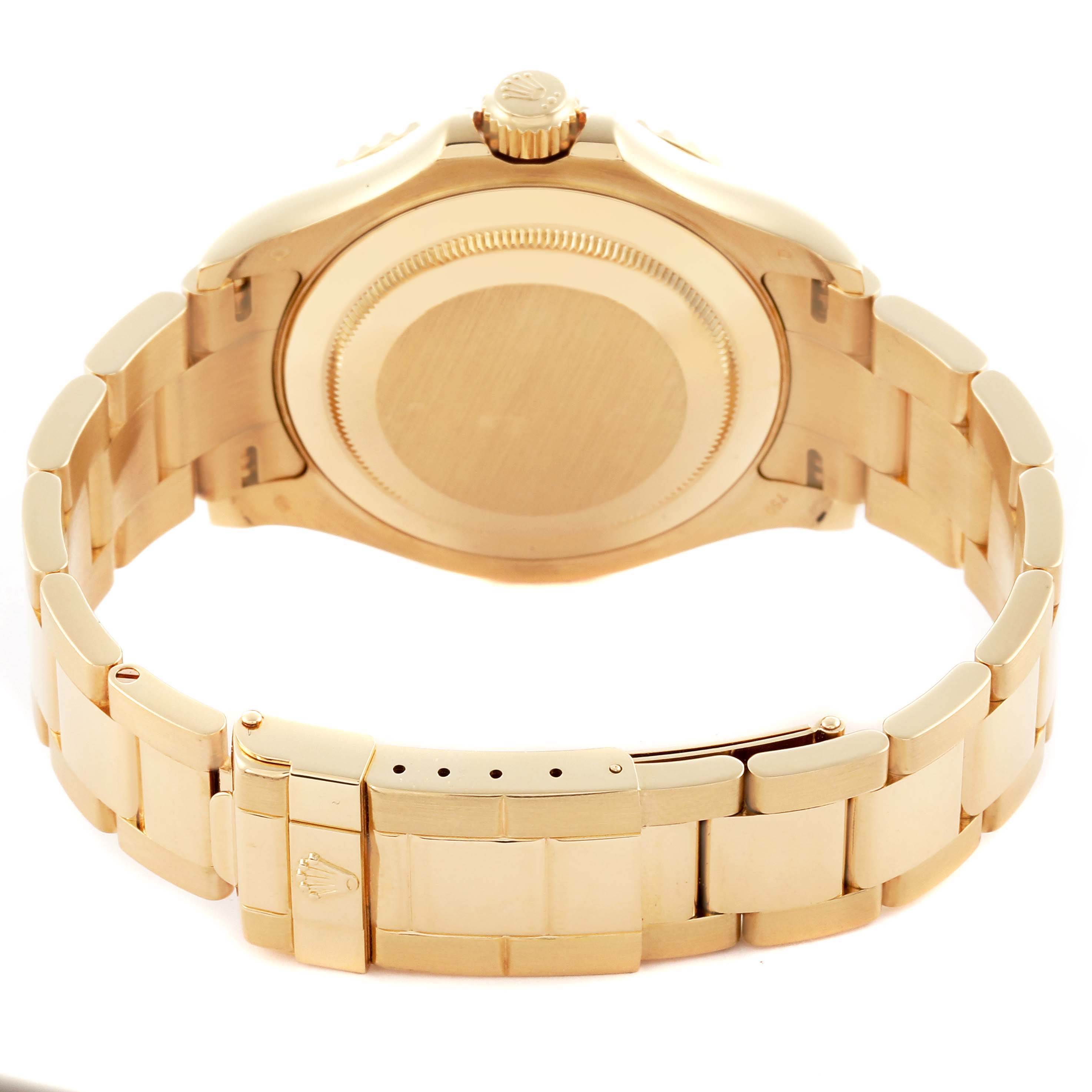 The image shows the Rolex Yacht-Master 16628 Men's Yellow Gold White Dial 16628 Men's Yellow Gold White Dial's back, bracelet, and clasp from a rear angle.