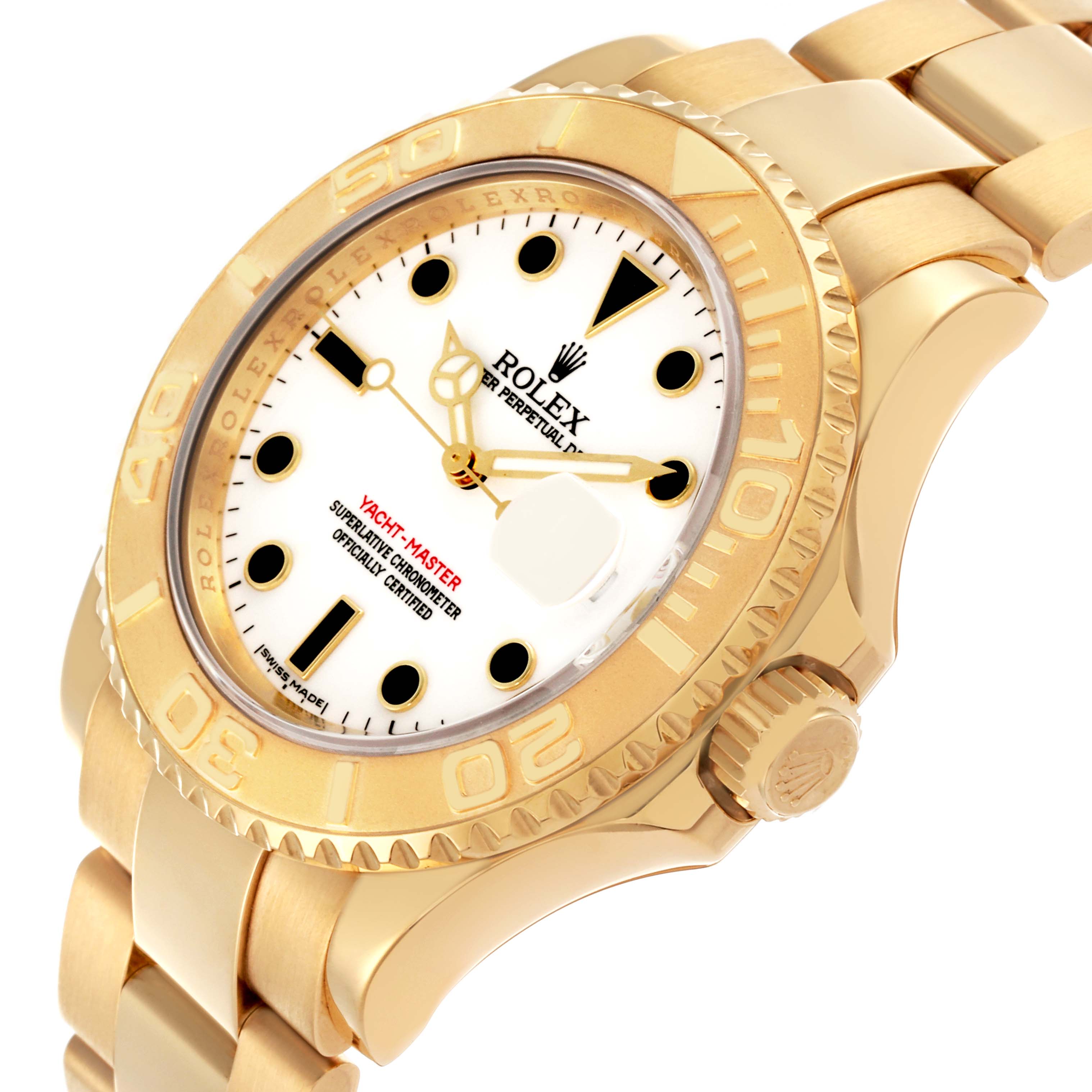 The Rolex Yacht-Master 16628 Men's Yellow Gold White Dial 16628 Men's Yellow Gold White Dial watch is shown at an oblique angle, revealing the face, bezel, and part of the bracelet.