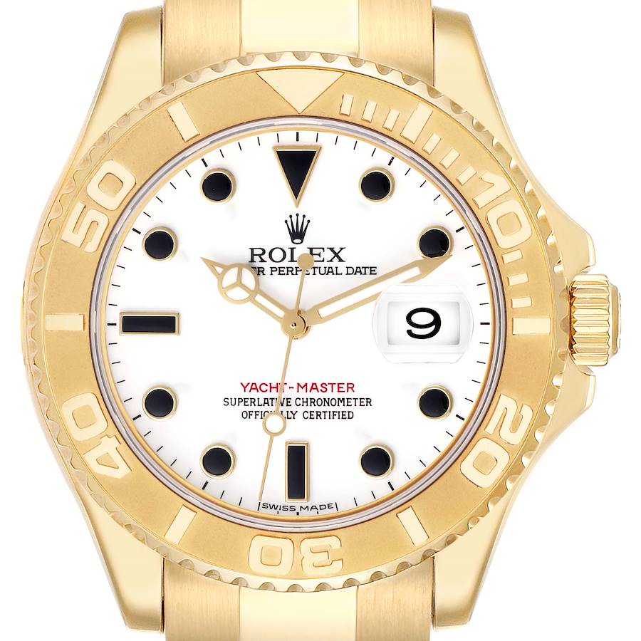 The Rolex Yacht-Master watch is shown from the front, displaying the dial, bezel, hands, and date window.