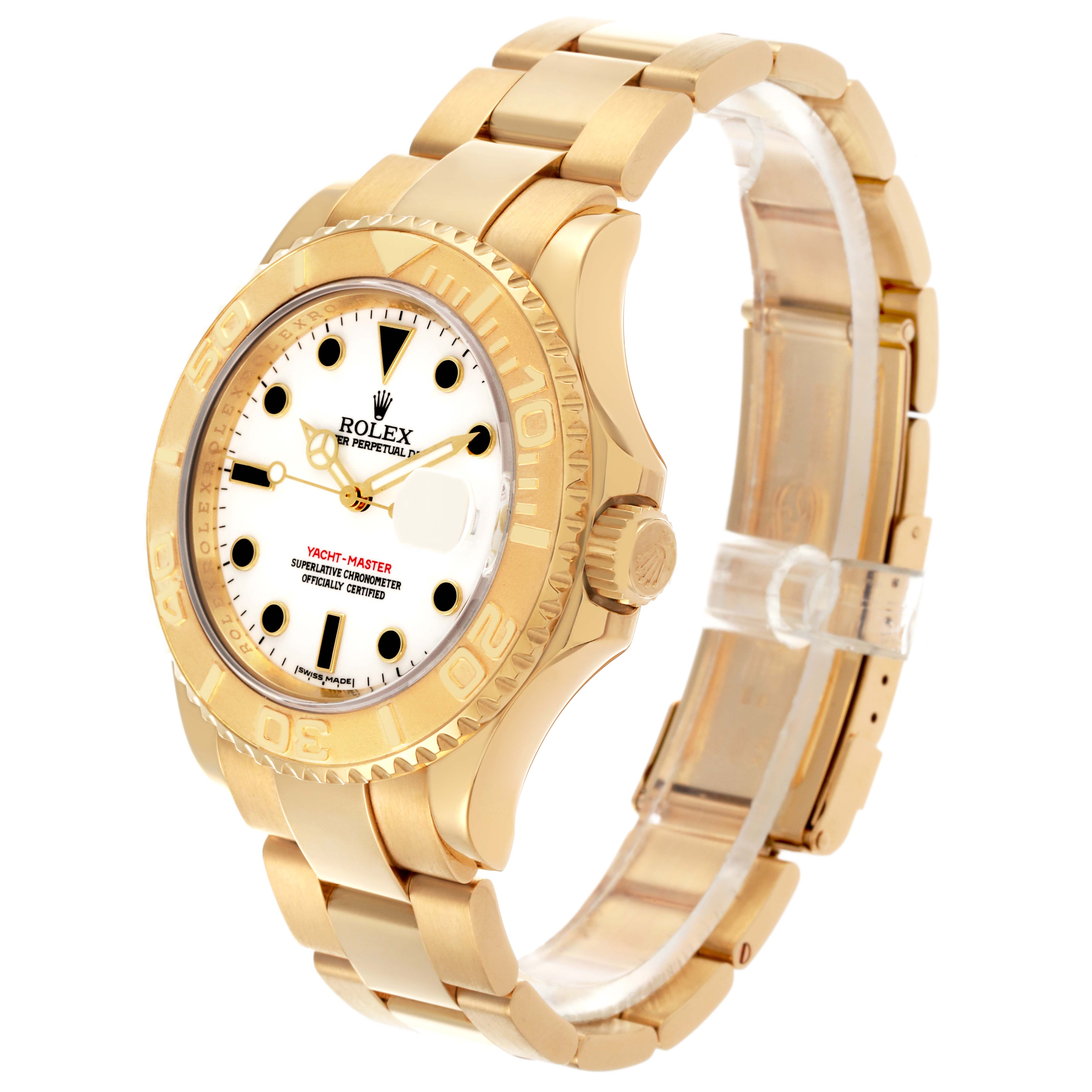 The Rolex Yacht-Master 16628 Men's Yellow Gold White Dial 16628 Men's Yellow Gold White Dial watch is shown at a three-quarter angle, highlighting the bezel, crown, dial, and bracelet.