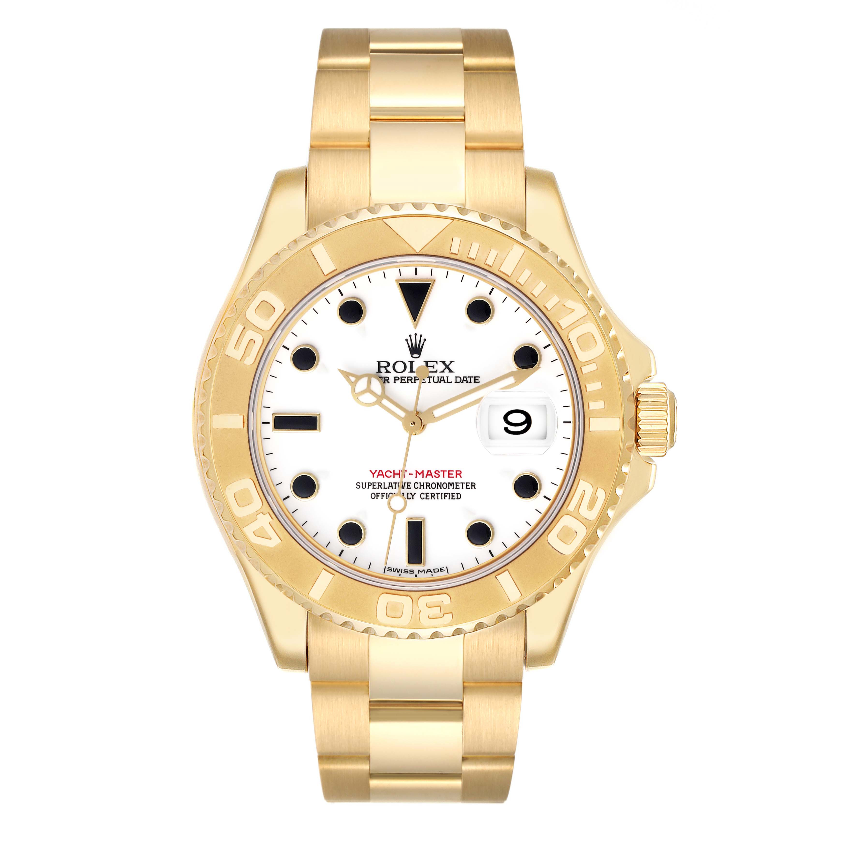 The Rolex Yacht-Master 16628 Men's Yellow Gold White Dial 16628 Men's Yellow Gold White Dial watch is shown from the front, displaying its face, bezel, and bracelet.