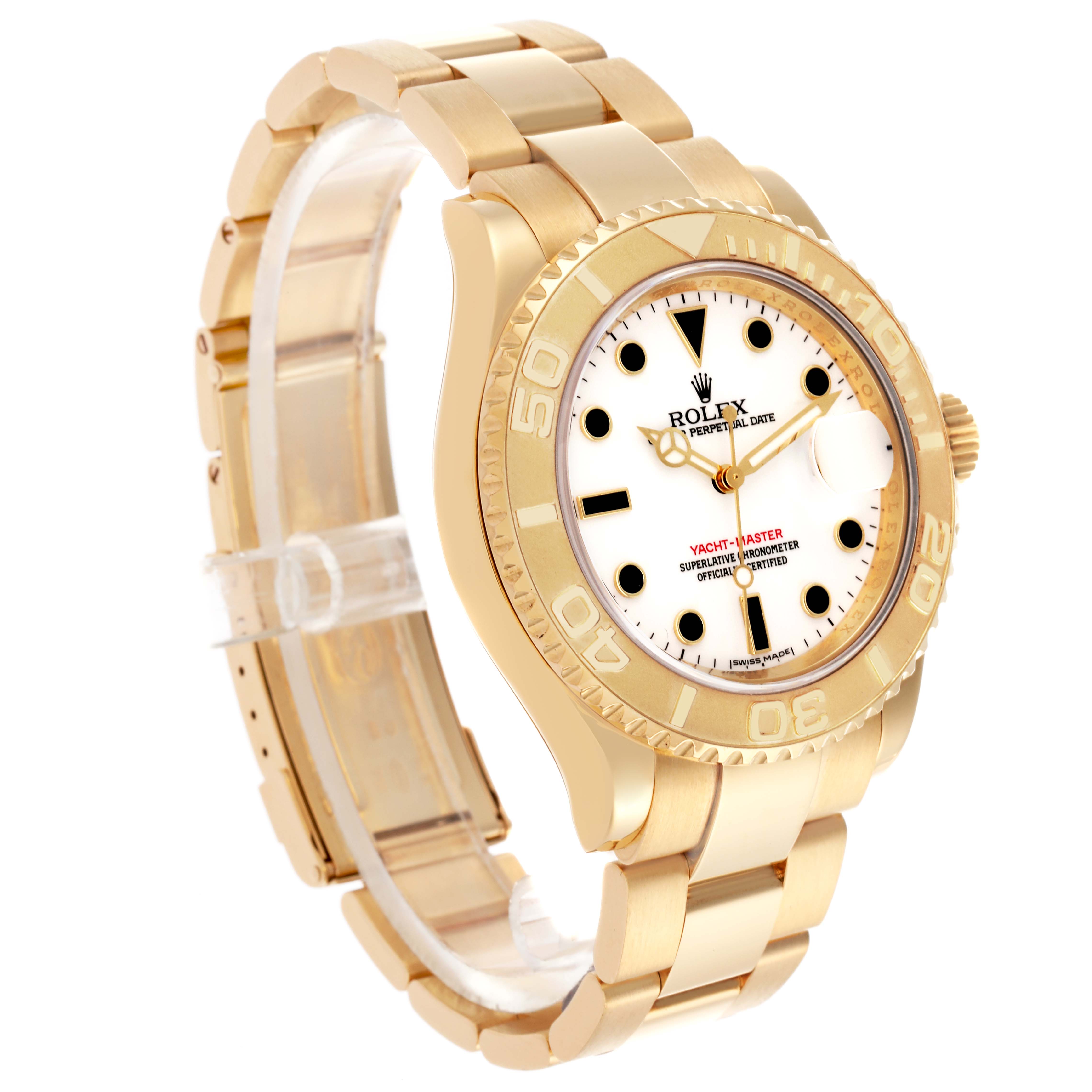 The Rolex Yacht-Master 16628 Men's Yellow Gold White Dial 16628 Men's Yellow Gold White Dial is shown at a slight angle, displaying the face, bezel, and part of the bracelet clearly.