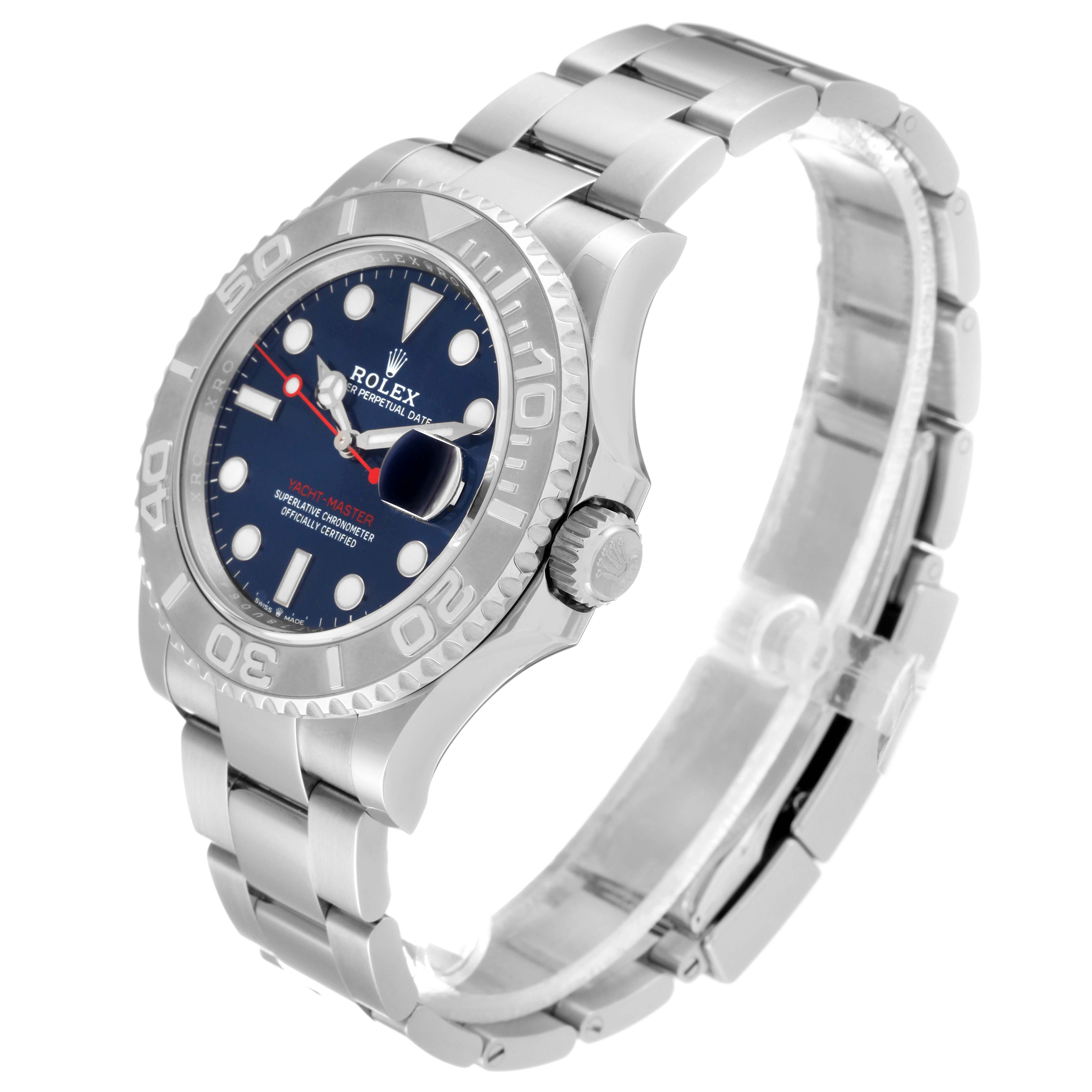 The image shows a Rolex Yacht-Master 126622 Men
s Stainless Steel Blue Dial 126622 Men
s Stainless Steel Blue Dial watch at an angled side view, highlighting its bezel, dial, crown, and bracelet.