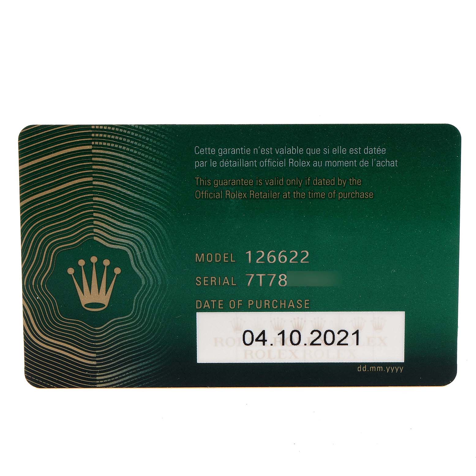 This is a warranty card for a Rolex Yacht-Master 126622 Men
s Stainless Steel Blue Dial 126622 Men
s Stainless Steel Blue Dial, model 126622, with purchase date 04.10.2021.