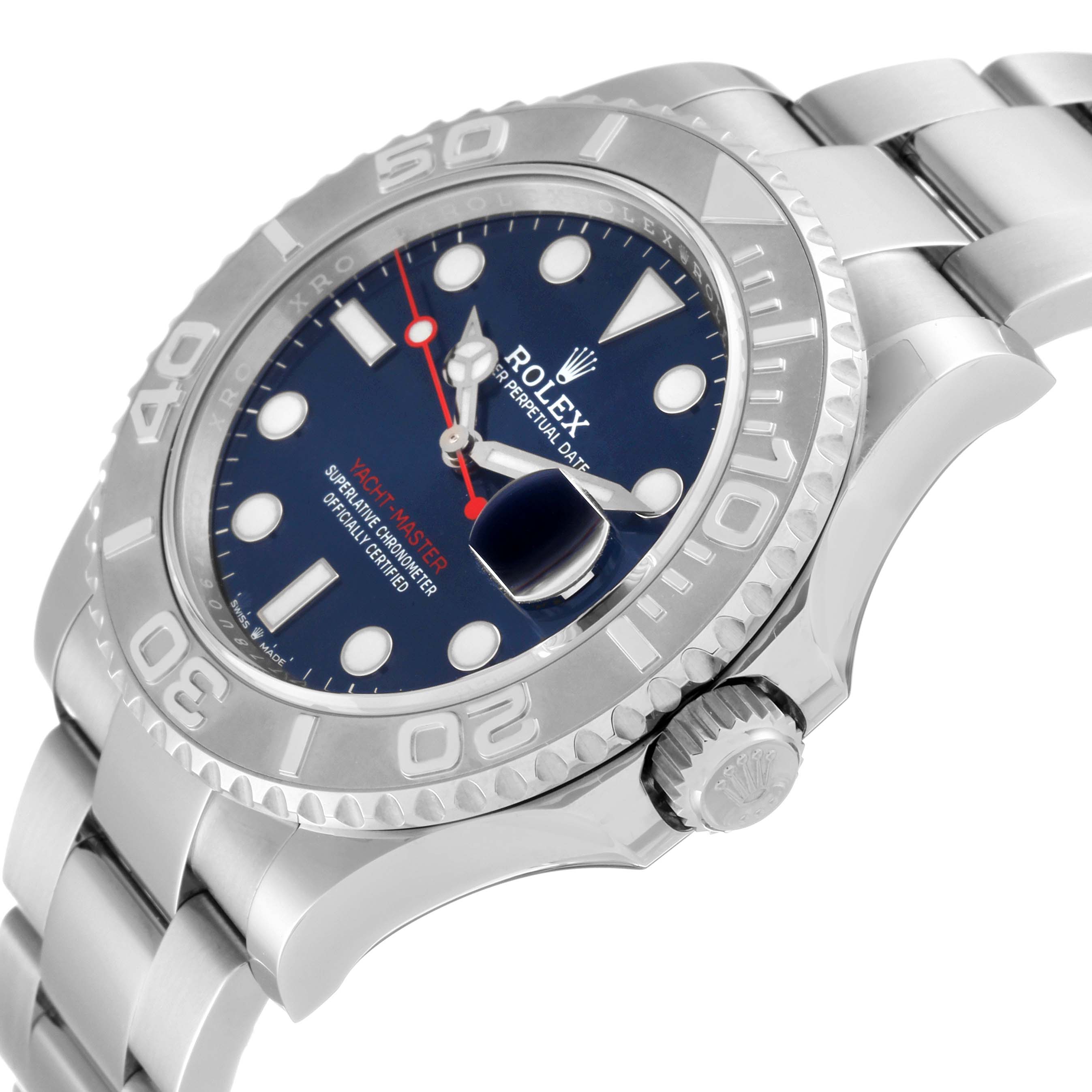 The image shows a side view of a Rolex Yacht-Master 126622 Men
s Stainless Steel Blue Dial 126622 Men
s Stainless Steel Blue Dial, highlighting the bezel, dial, crown, and part of the bracelet.