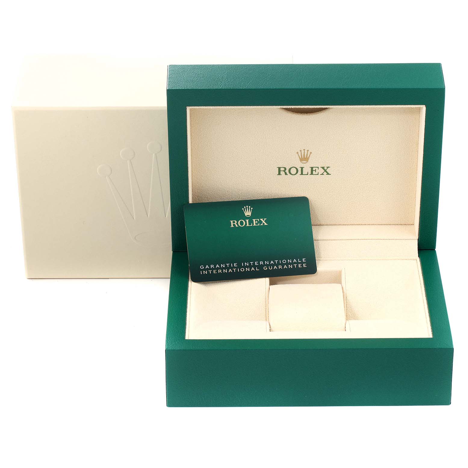 The image shows an open Rolex Yacht-Master 126622 Men
s Stainless Steel Blue Dial 126622 Men
s Stainless Steel Blue Dial watch box with an international guarantee card inside.