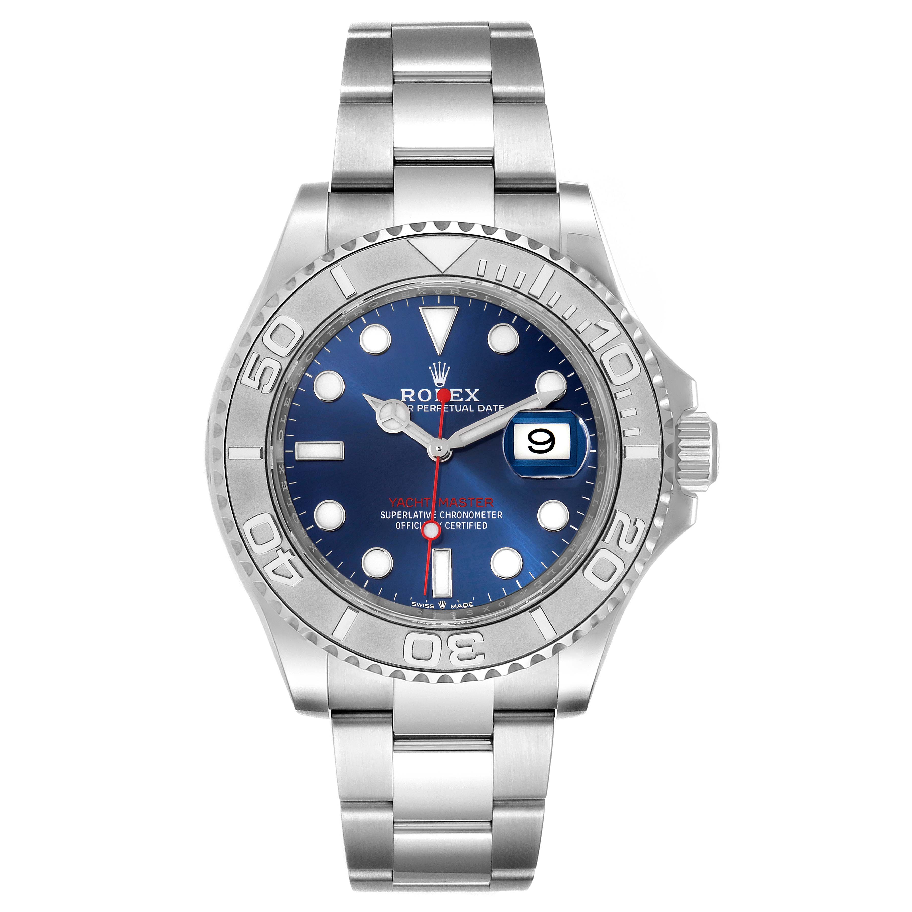 The image shows a frontal view of a Rolex Yacht-Master 126622 Men
s Stainless Steel Blue Dial 126622 Men
s Stainless Steel Blue Dial watch, highlighting the dial, bezel, and bracelet.