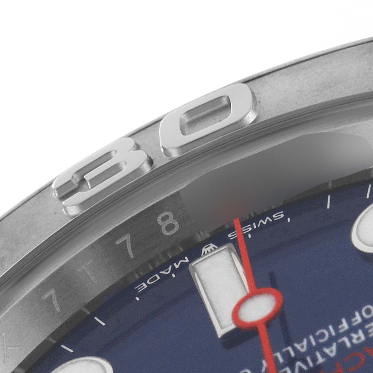 Close-up of the bezel and dial of a Rolex Yacht-Master 126622 Men
s Stainless Steel Blue Dial 126622 Men
s Stainless Steel Blue Dial watch, showing the number "30" and part of the minutes scale.
