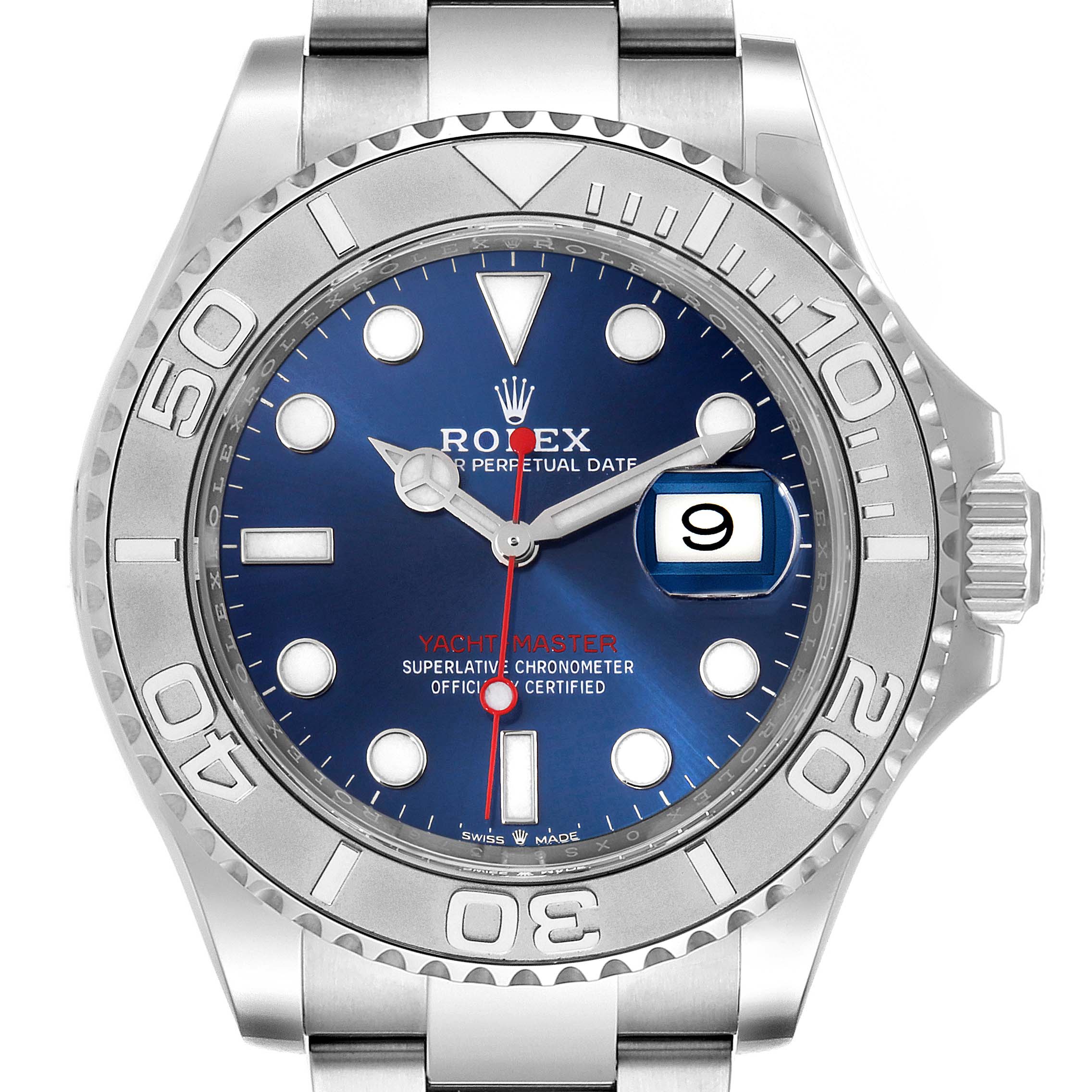 This image shows a front view of a Rolex Yacht-Master 126622 Men
s Stainless Steel Blue Dial 126622 Men
s Stainless Steel Blue Dial watch highlighting the face, bezel, and part of the bracelet.