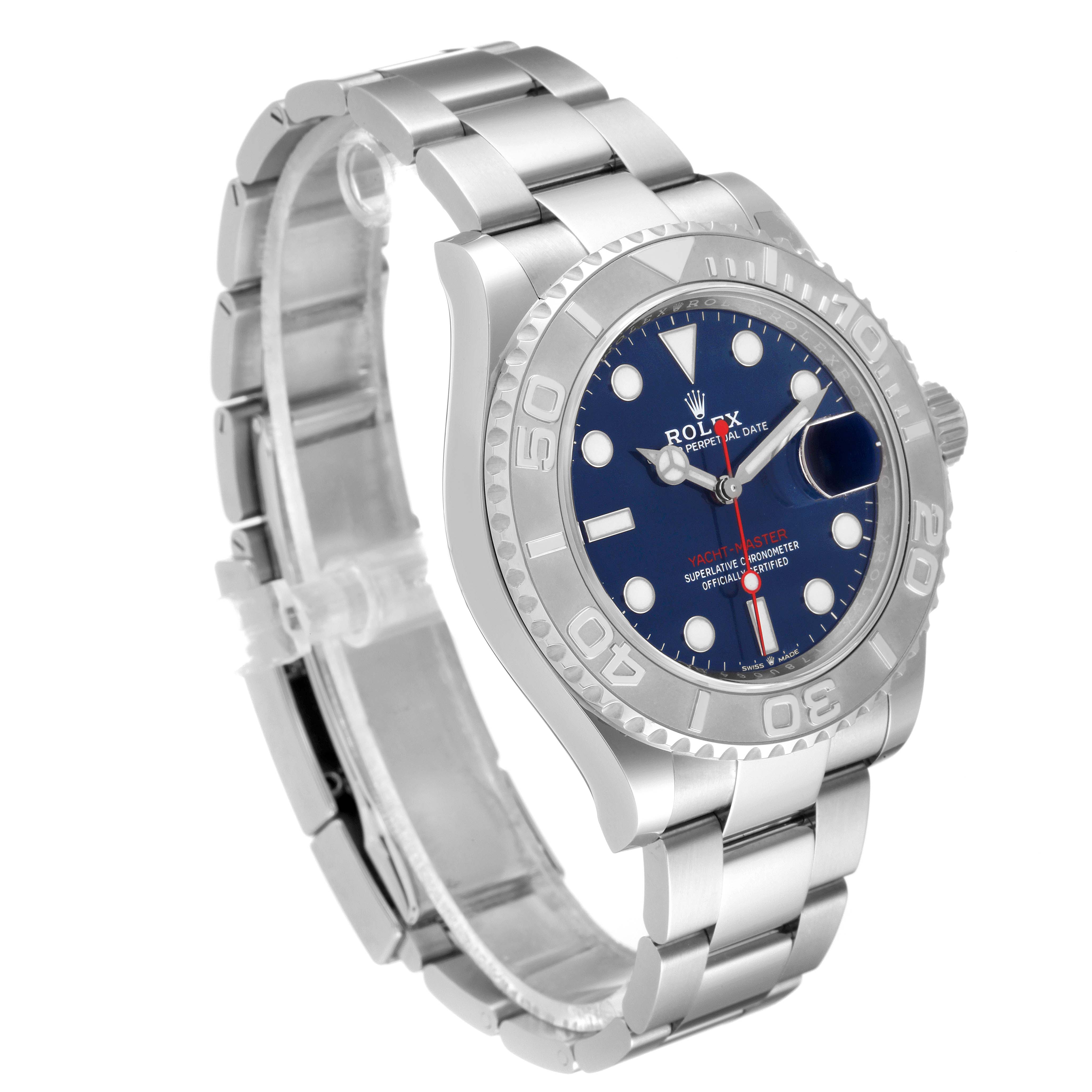 The Rolex Yacht-Master 126622 Men
s Stainless Steel Blue Dial 126622 Men
s Stainless Steel Blue Dial watch is shown at a slight angle, highlighting the face, bezel, case, and partially open metal bracelet.