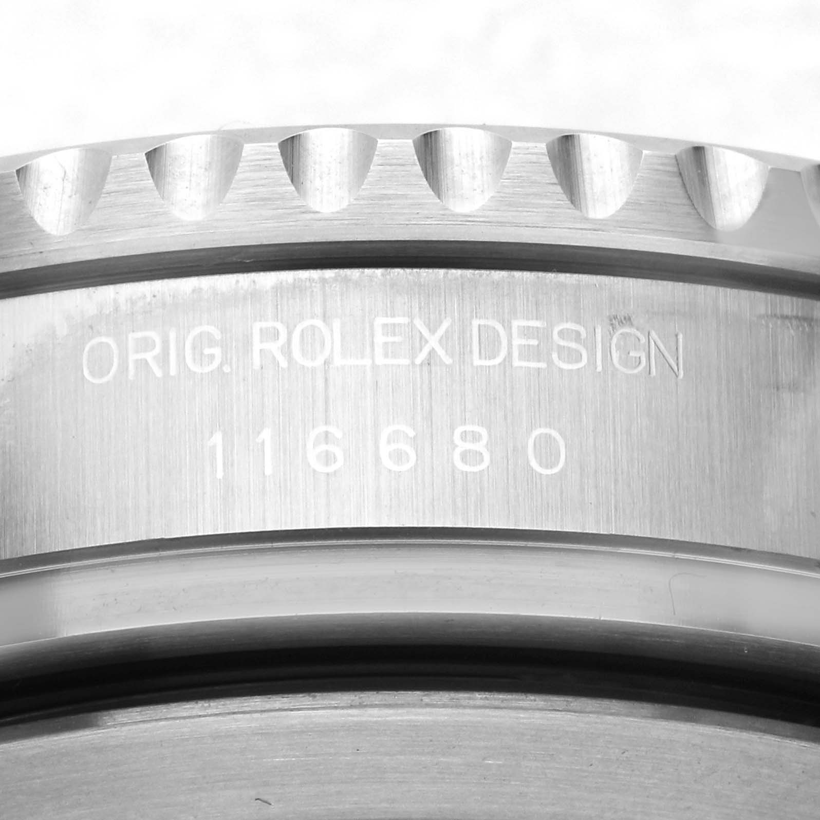 The image shows a close-up of the bezel and engraved design code for the Rolex Yacht-Master 116680 Men's Stainless Steel White Dial 116680 Men's Stainless Steel White Dial.