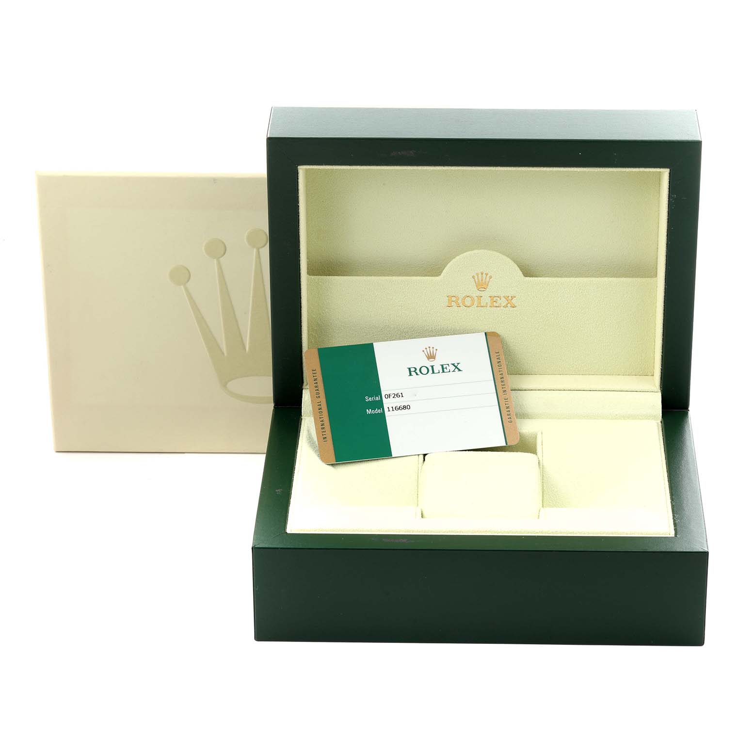 The image shows a Rolex Yacht-Master 116680 Men's Stainless Steel White Dial 116680 Men's Stainless Steel White Dial box and warranty card, viewed from the front.