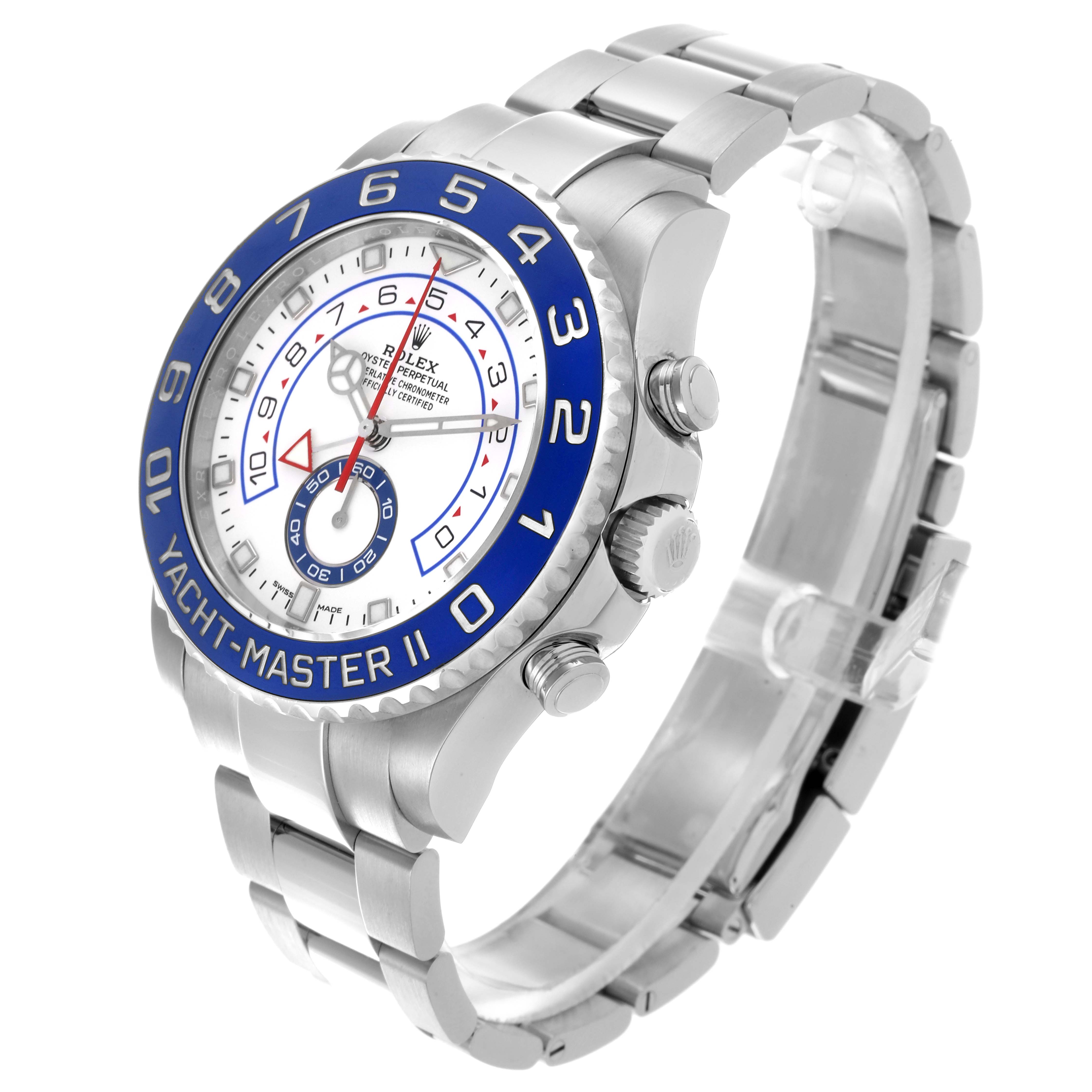 The Rolex Yacht-Master 116680 Men's Stainless Steel White Dial 116680 Men's Stainless Steel White Dial II watch is shown at a slight angle, displaying its face, bezel, bracelet, and side buttons.