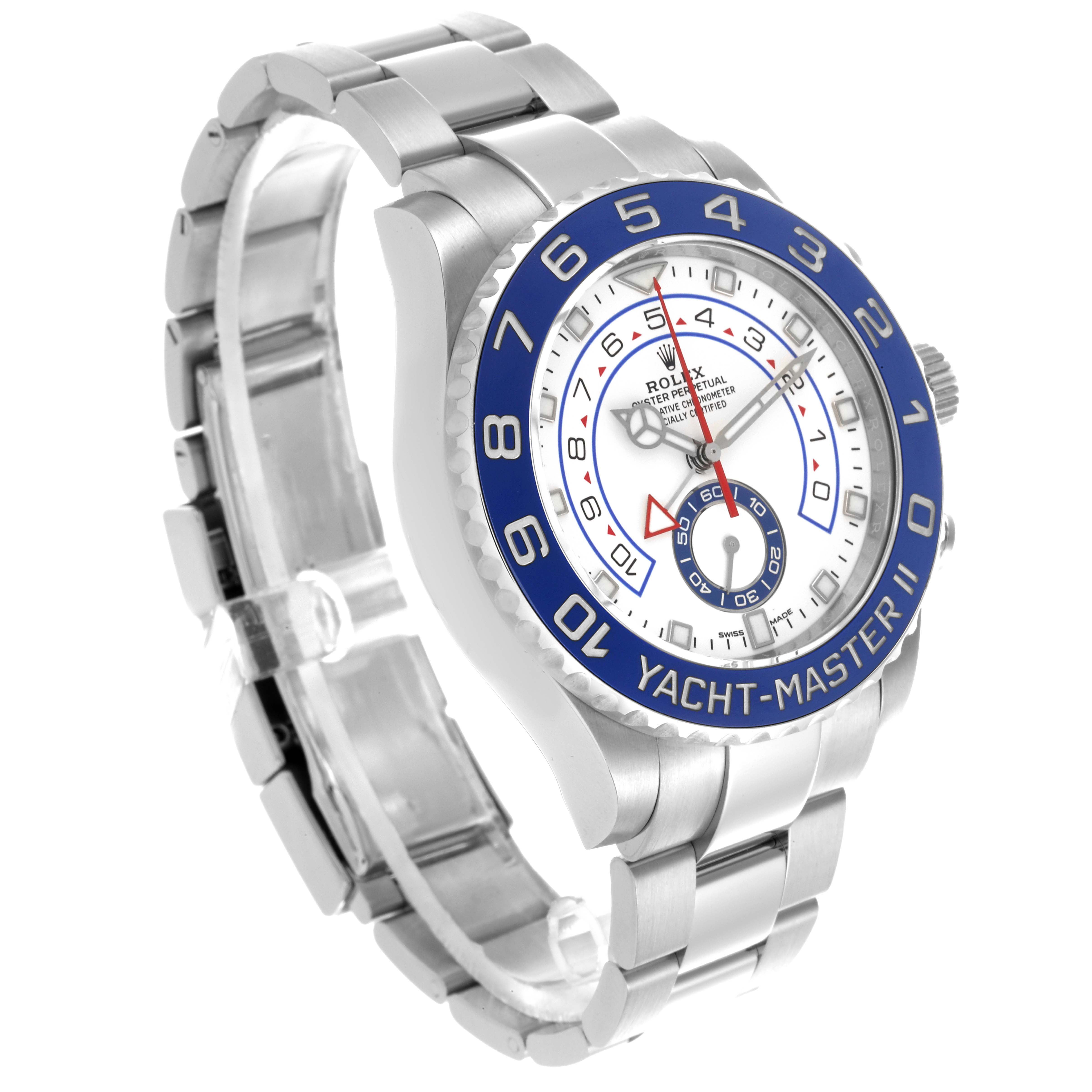 The Rolex Yacht-Master 116680 Men's Stainless Steel White Dial 116680 Men's Stainless Steel White Dial watch is shown at an angled view highlighting the bezel, dial, case, and bracelet.