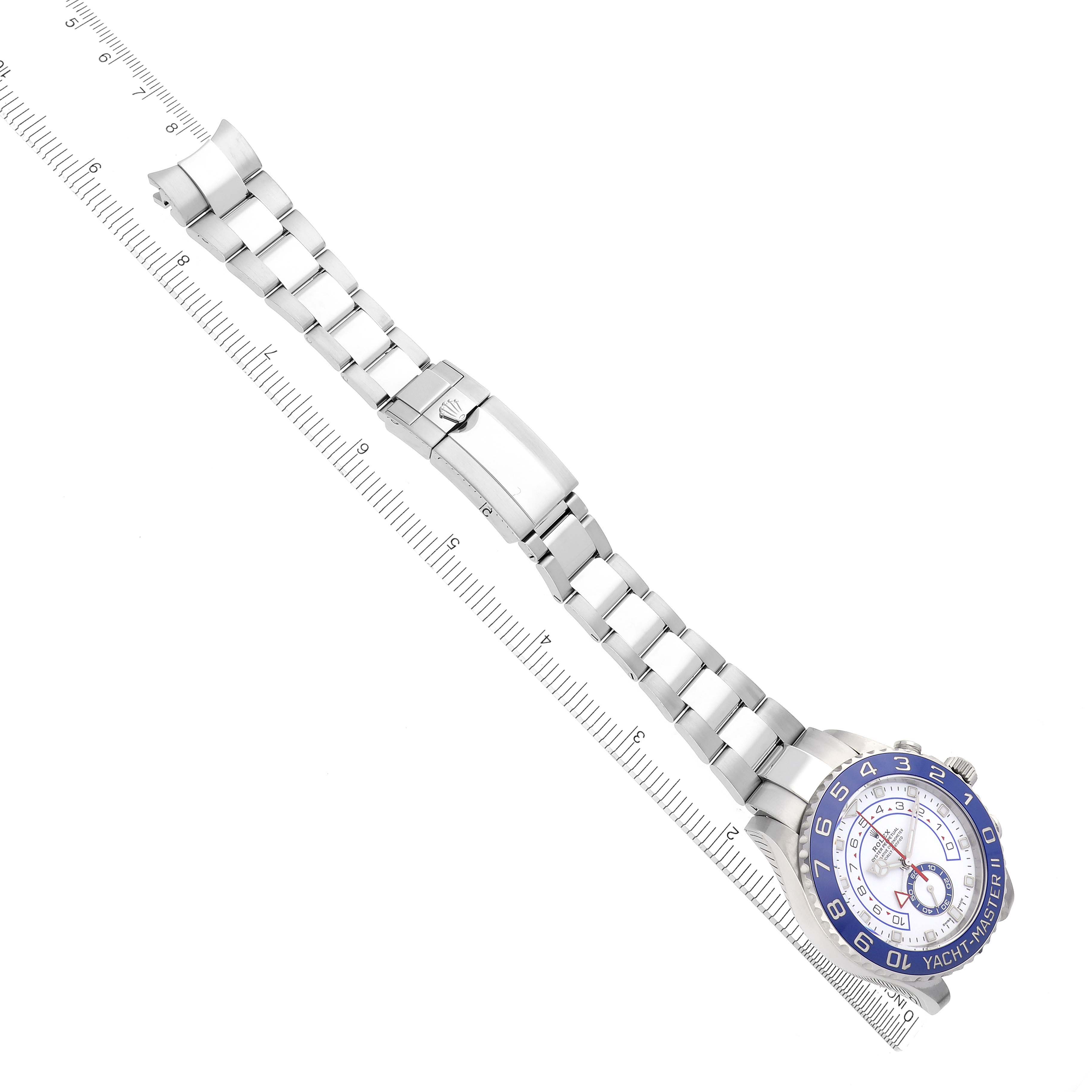 The Rolex Yacht-Master 116680 Men's Stainless Steel White Dial 116680 Men's Stainless Steel White Dial watch is shown at an angled top view, displaying its face, bracelet, and clasp.