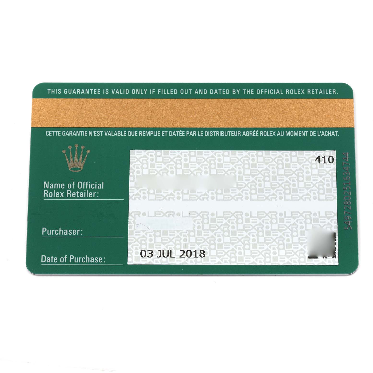 The image shows a warranty card for a Rolex Yacht-Master 116680 Men's Stainless Steel White Dial 116680 Men's Stainless Steel White Dial watch, displaying purchase details.