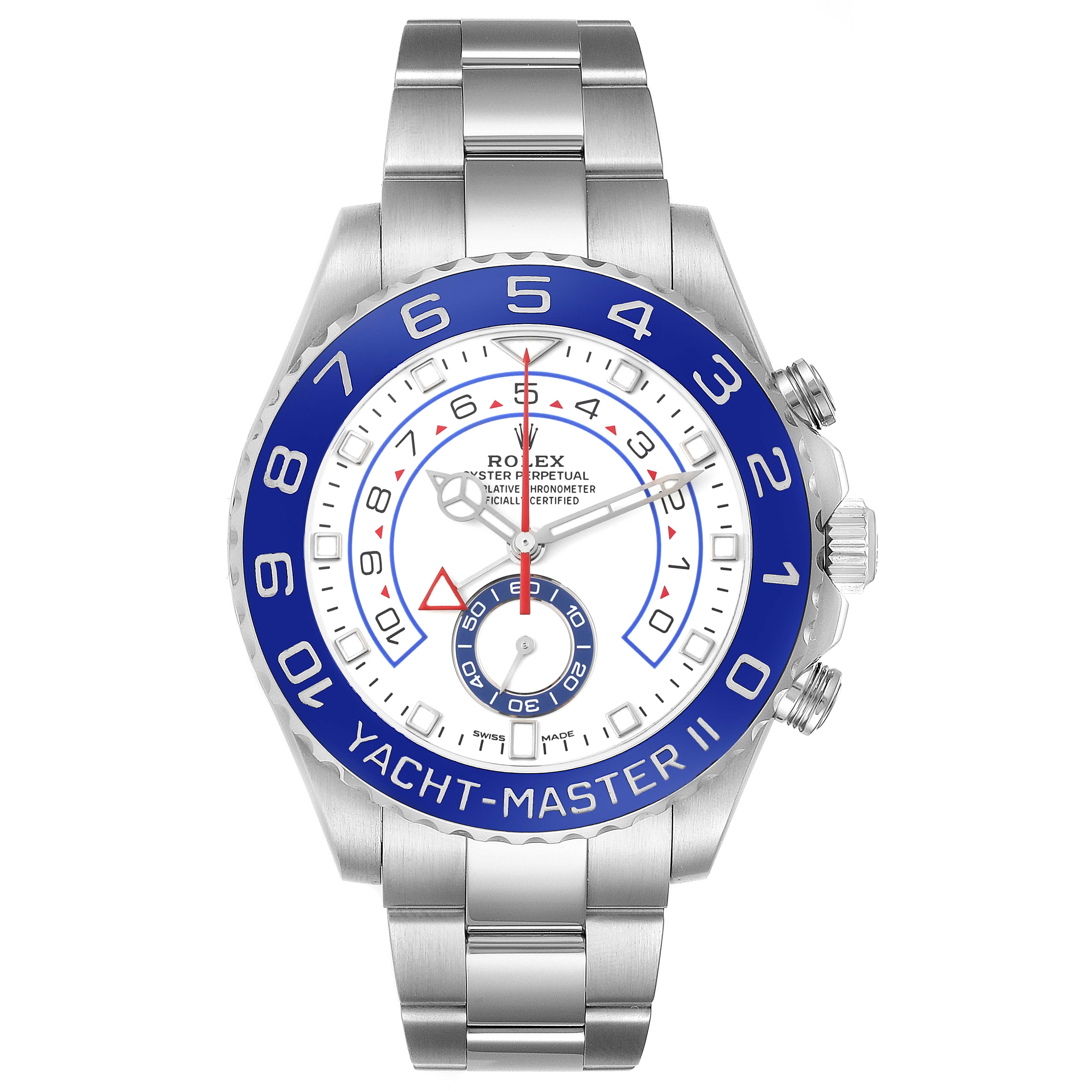 The Rolex Yacht-Master 116680 Men's Stainless Steel White Dial 116680 Men's Stainless Steel White Dial model is shown from a front angle, displaying the dial, bezel, bracelet, and crown.