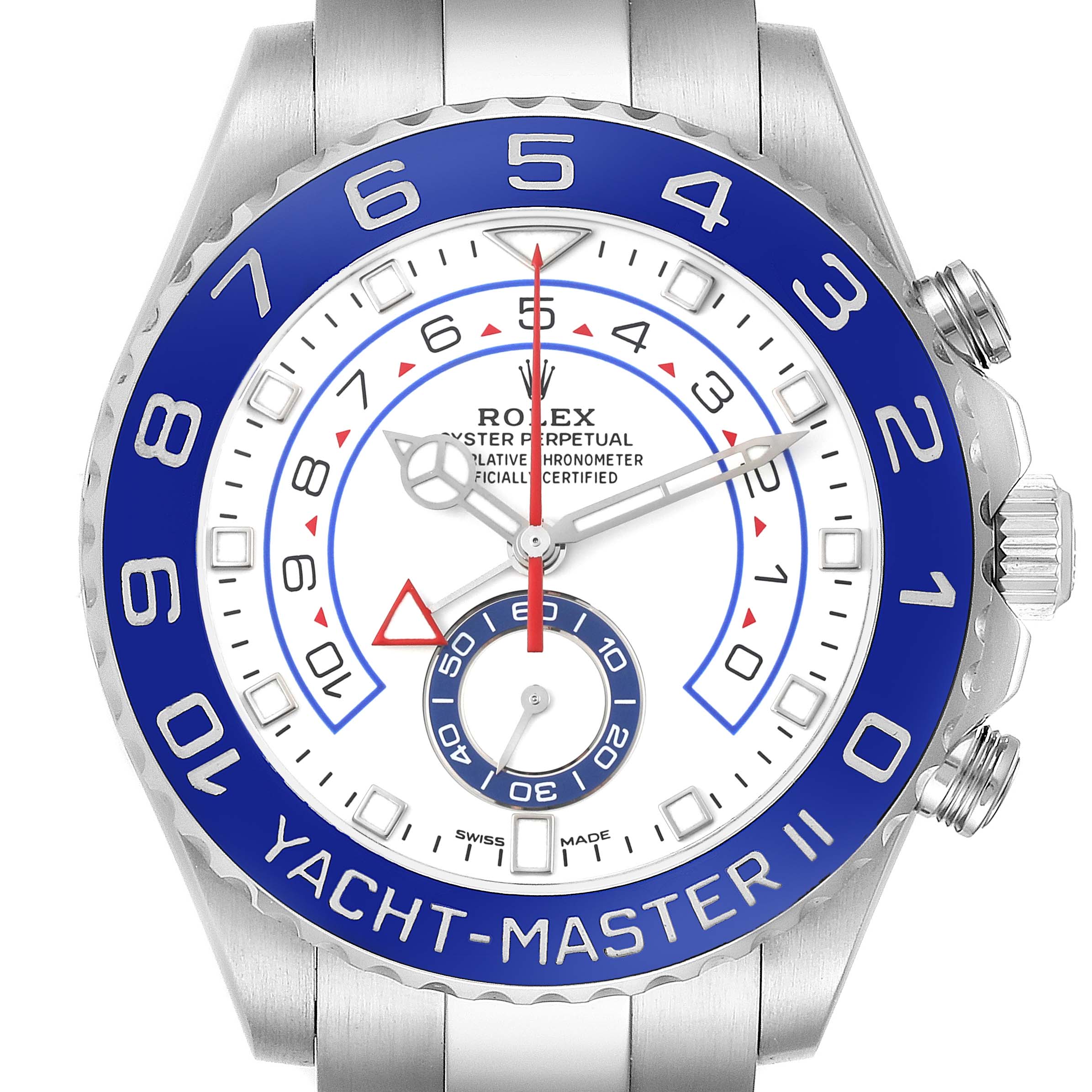 The Rolex Yacht-Master 116680 Men's Stainless Steel White Dial 116680 Men's Stainless Steel White Dial watch is shown from the front, highlighting the blue bezel and dial features.