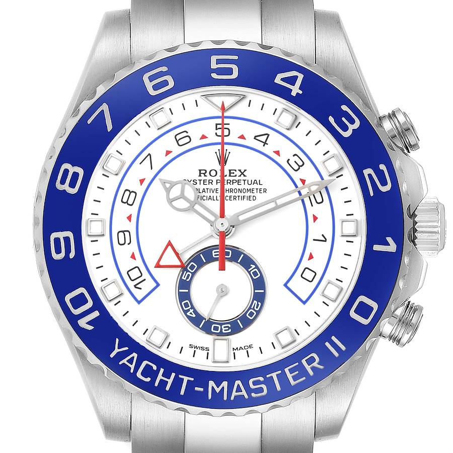 The Rolex Yacht-Master watch is shown from the front, highlighting the blue bezel and dial features.