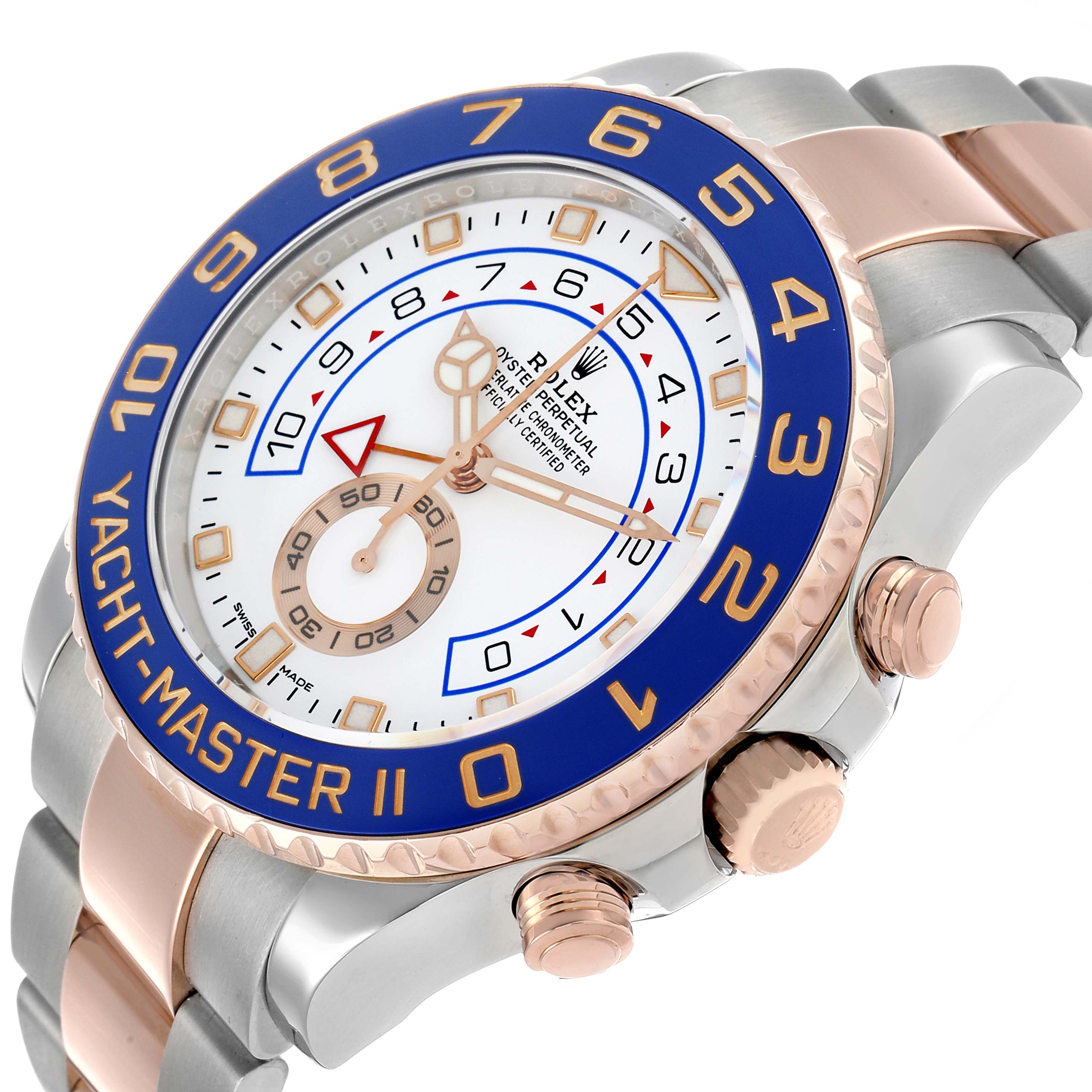 The Rolex Yacht-Master 116681M Men's Steel and Gold (two tone) White Dial watch is shown at an angled side view, highlighting the bezel, dial, and crown.