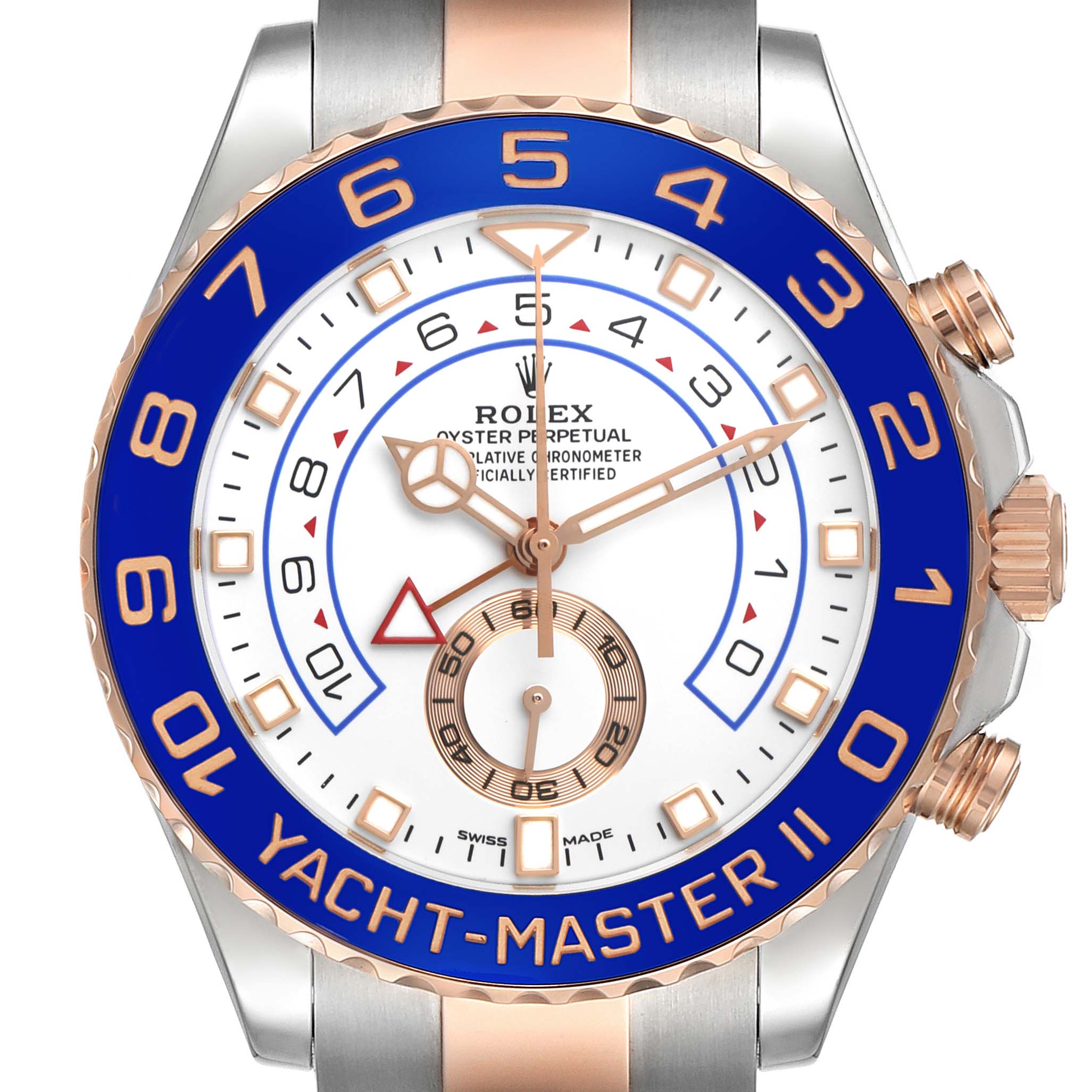 The Rolex Yacht-Master 116681M Men's Steel and Gold (two tone) White Dial watch is shown from a front angle, highlighting the dial, bezel, crown, and part of the bracelet.