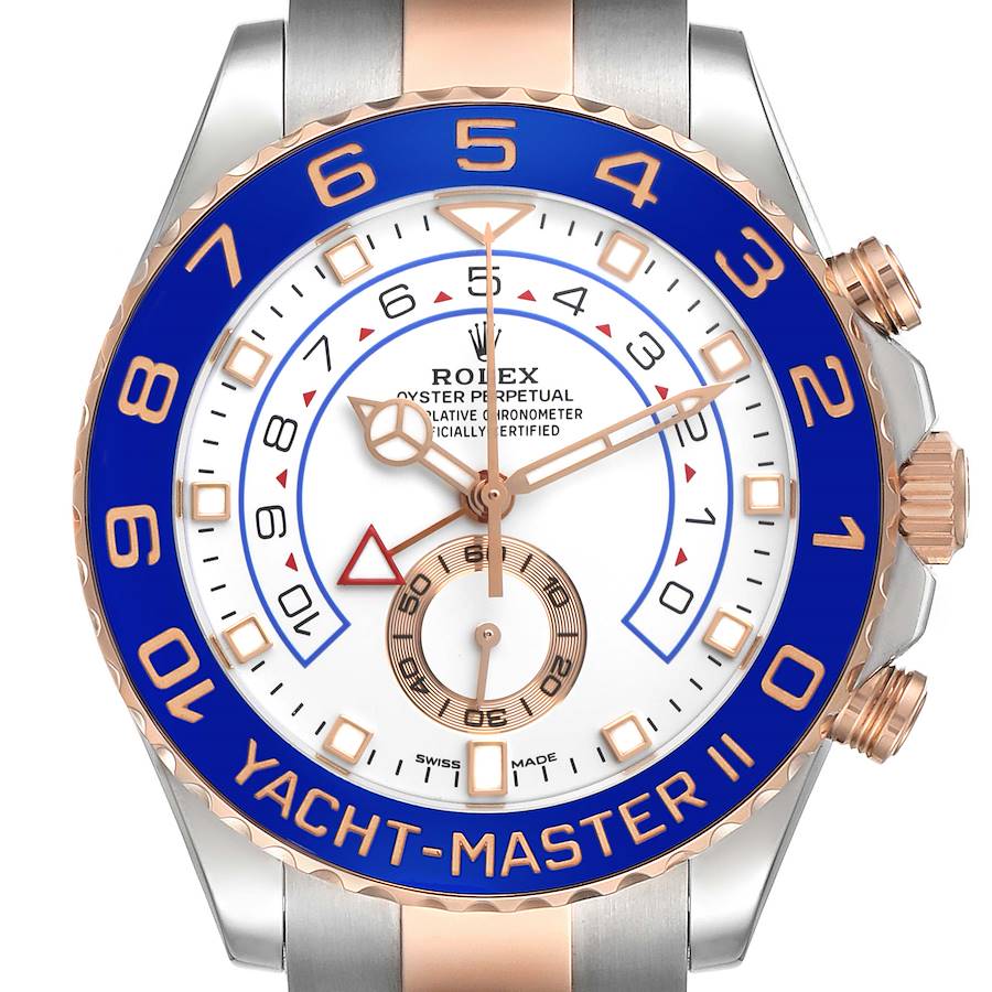 The Rolex Yacht-Master 116681M Men's Steel and Gold (two tone) White Dial watch is shown from a front angle, highlighting the dial, bezel, crown, and part of the bracelet.