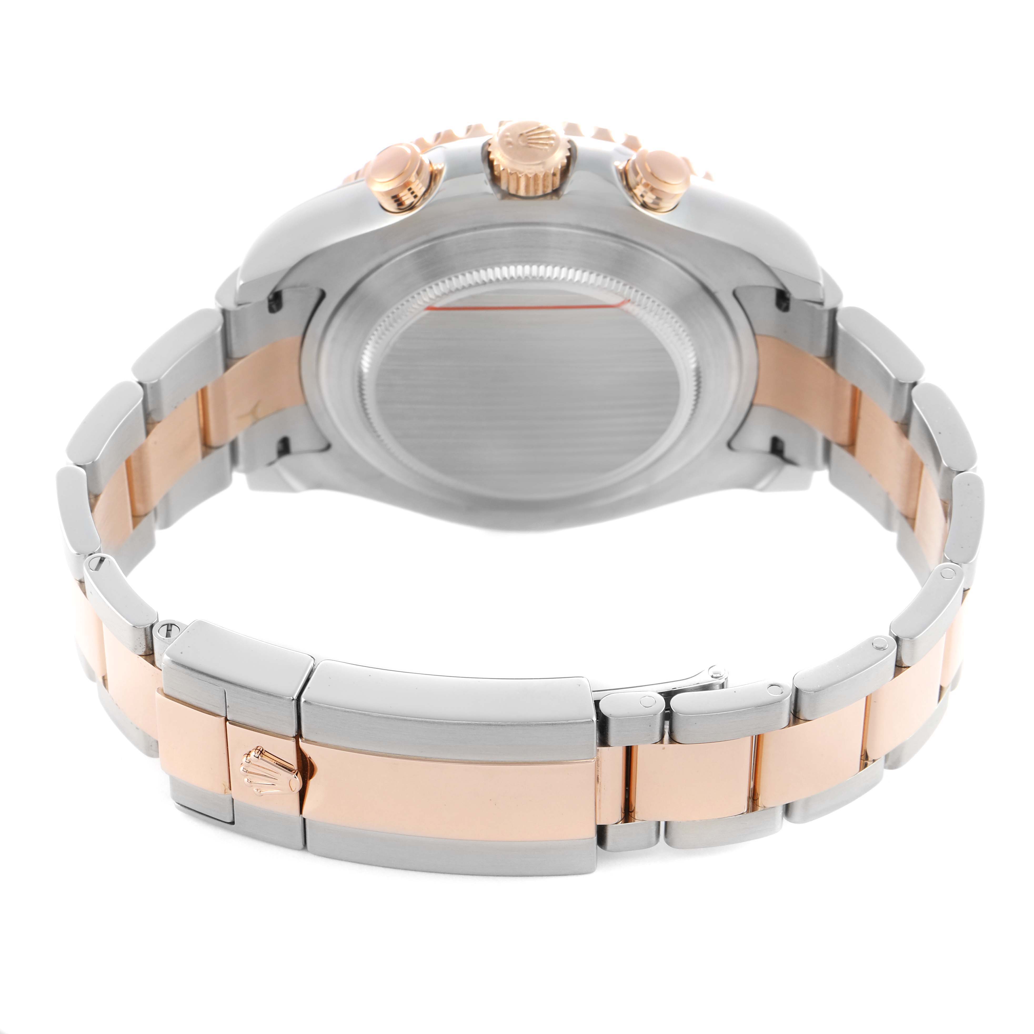 The image shows the back view of a Rolex Yacht-Master 116681M Men's Steel and Gold (two tone) White Dial, highlighting its clasp, bracelet, and caseback.