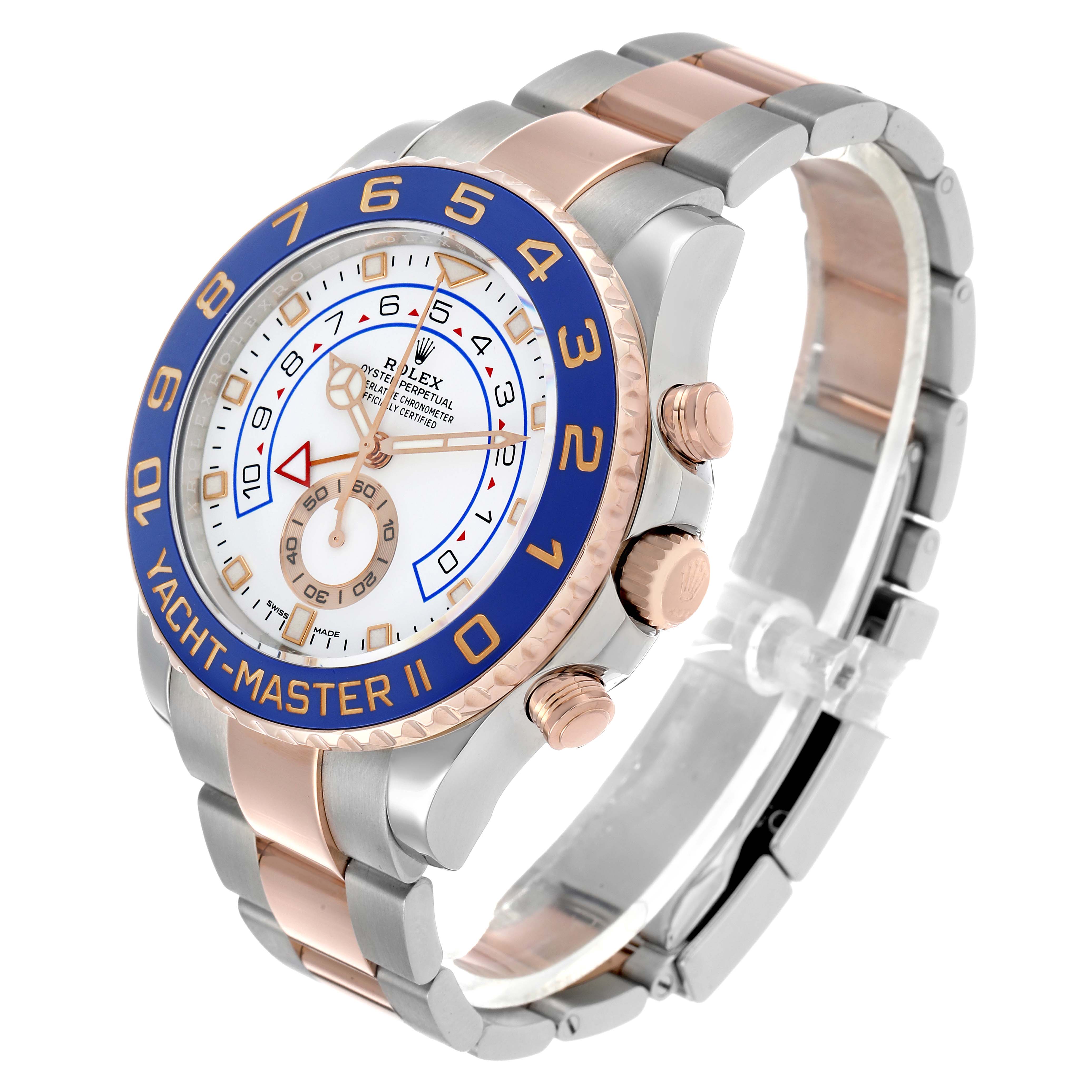 The Rolex Yacht-Master 116681M Men's Steel and Gold (two tone) White Dial II is shown at a three-quarter angle, displaying the face, bezel, side buttons, and part of the bracelet.